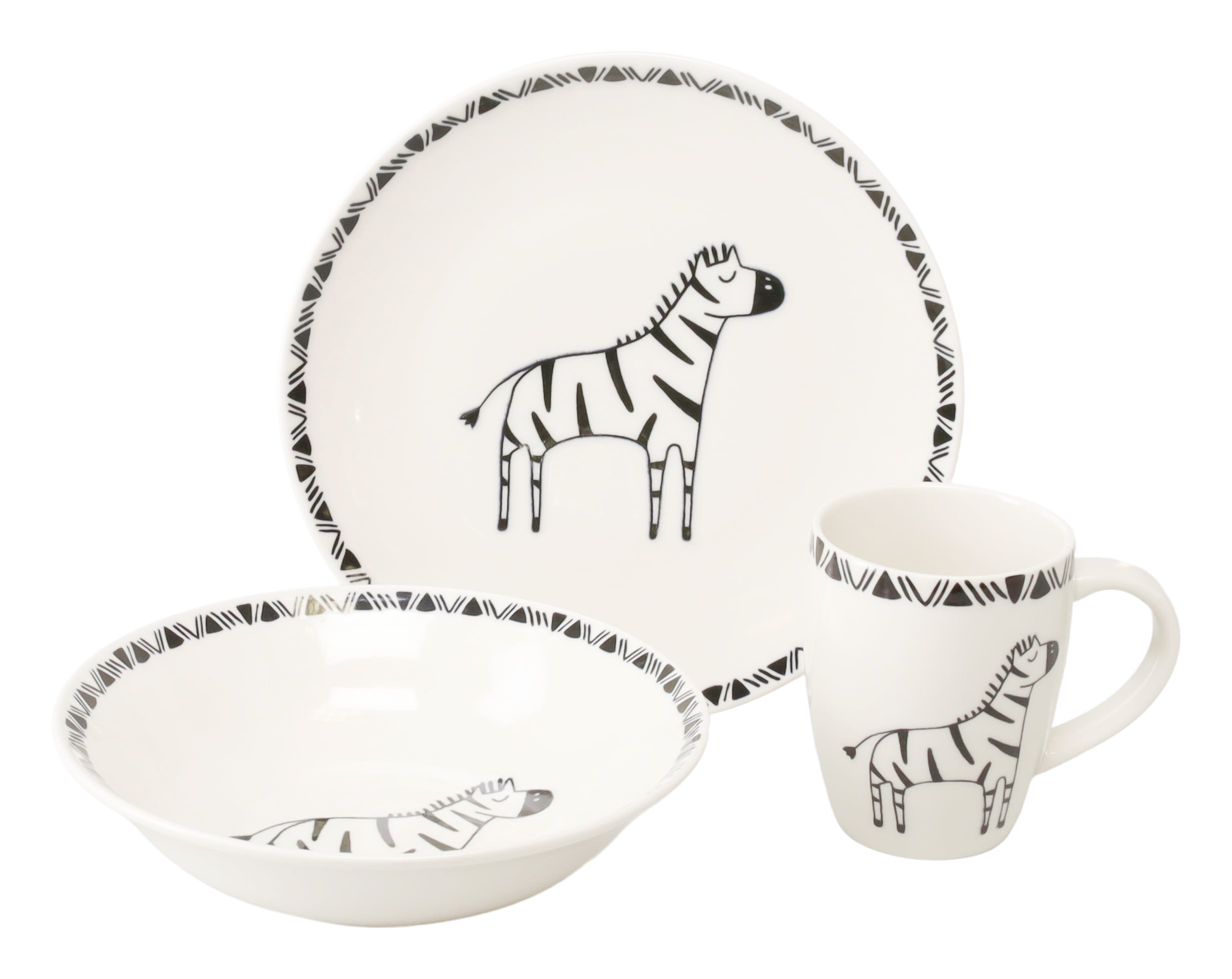 CreaTable Kindergeschirr-Set "Safari Zebra, Kinder Set 3-tlg." gezeichnete Tiermotive, skandinavischer Stil, Ethno-Style Motive