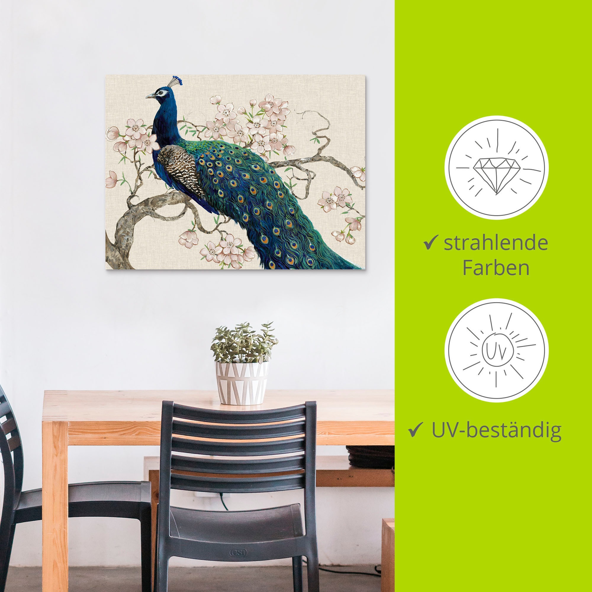 Artland Wandbild »Pfau & Blüten II«, Vögel, (1 St.), als Alubild, Outdoorbild, Leinwandbild, Poster in verschied. Größen