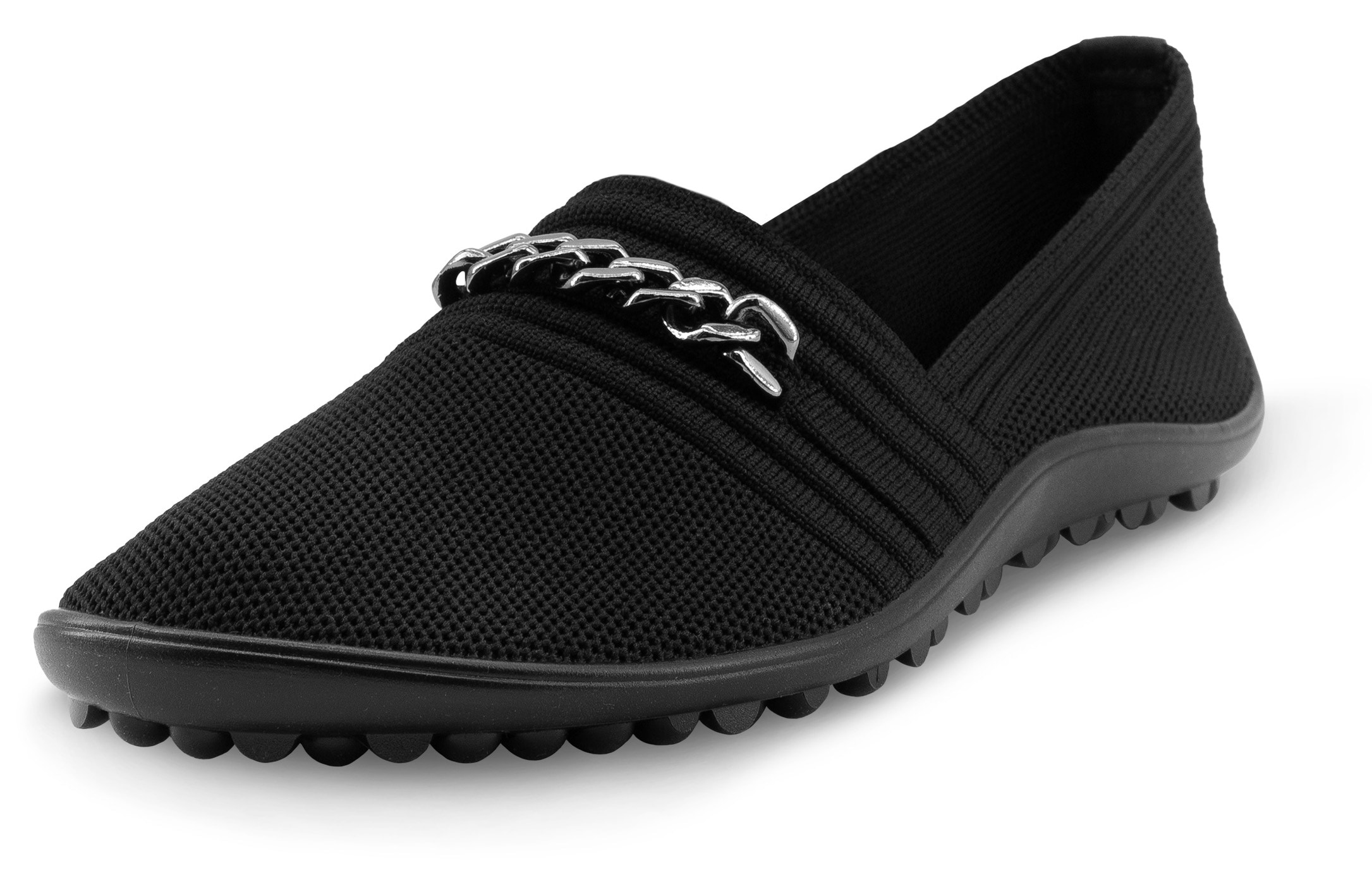 Barfußschuh LEGUANO "LADY FAMOUS", Damen, Gr. 36, schwarz, Textil, Schuhe Barfußschuh, Flats, Ballerina, Bequemschuh mit goldfarbener Zierkette