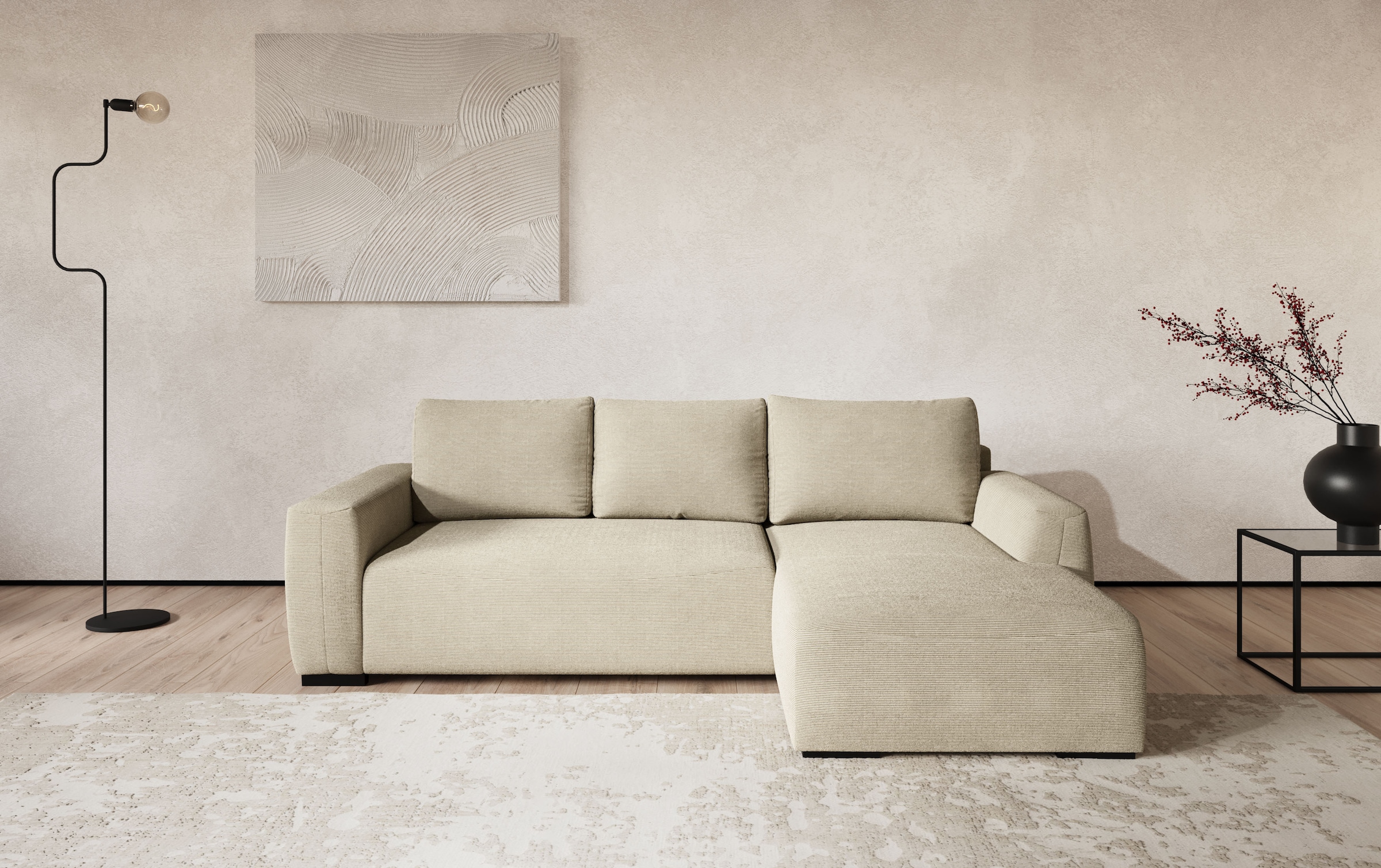 COTTA Ecksofa "Giro L-Form,B: 252 cm, abgerundete Kanten, bequeme Wellenunterfederung" +PUR Schaum, opt. Schlaffunktion + Bettkasten,LF 202x128cm Trendstoffe