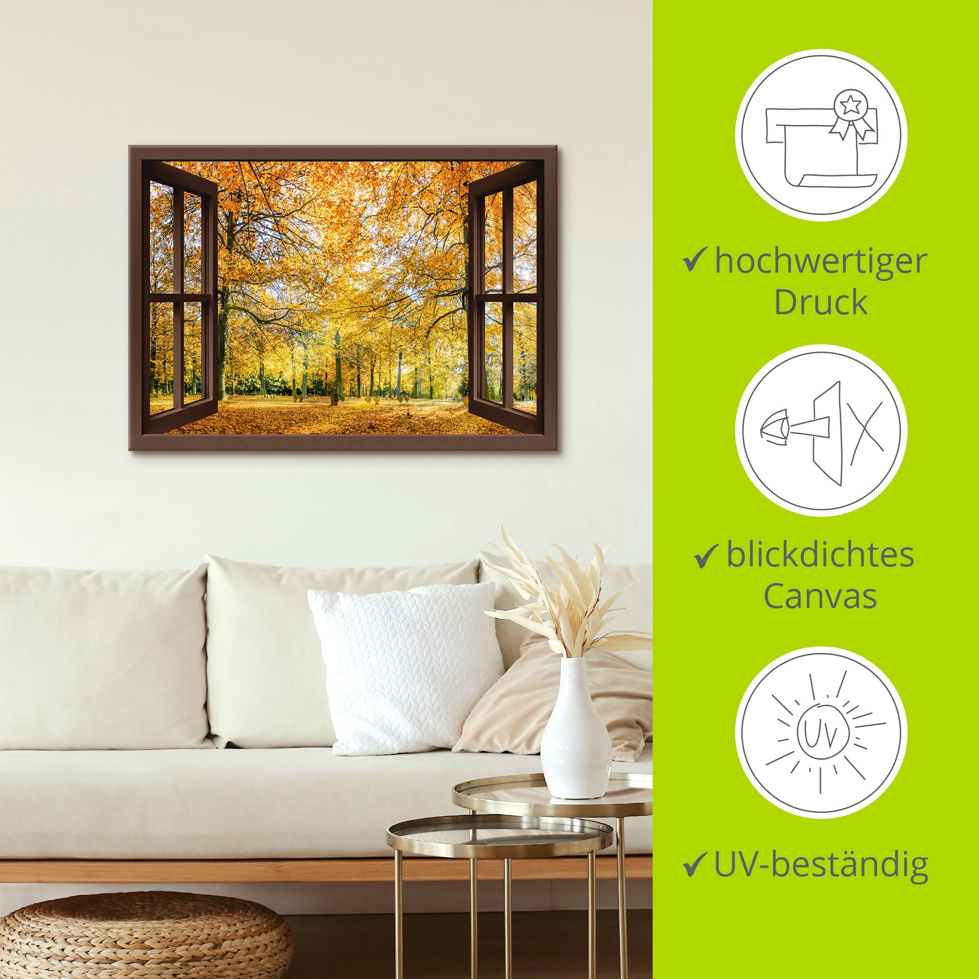Artland Wandbild »Fensterblick - Herbstwald Panorama«, Fensterblick, (1 St.), als Leinwandbild, Poster, Wandaufkleber in verschied. Größen