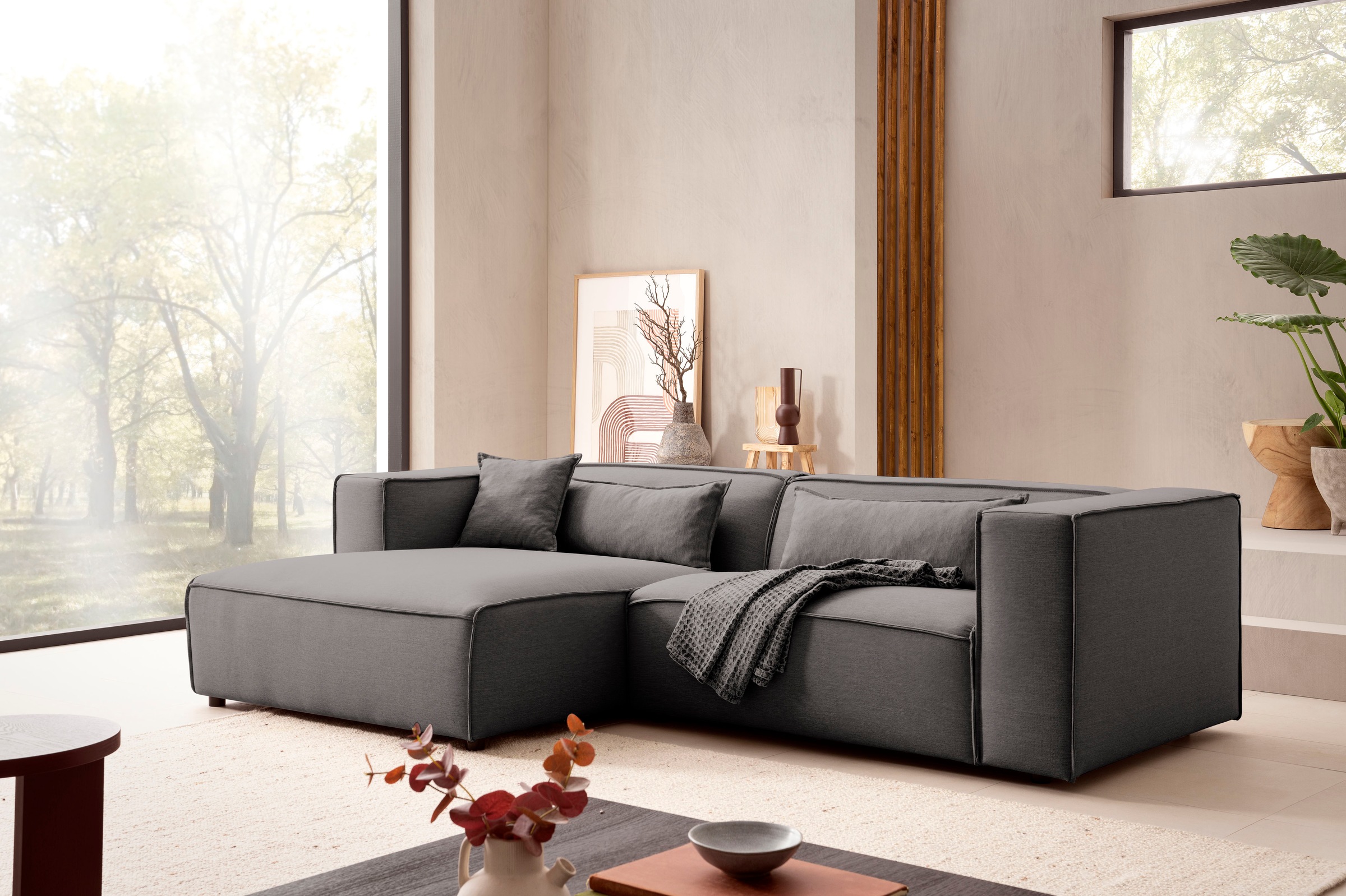 LeGer Home by Lena Gercke Ecksofa »PIARA mit Kedernaht in Cord oder Leinenoptik, moderne Couch in L-Form«, wahlweise Ottomane rechts/links, schwarze Füße, bequemer Sitzkomfort