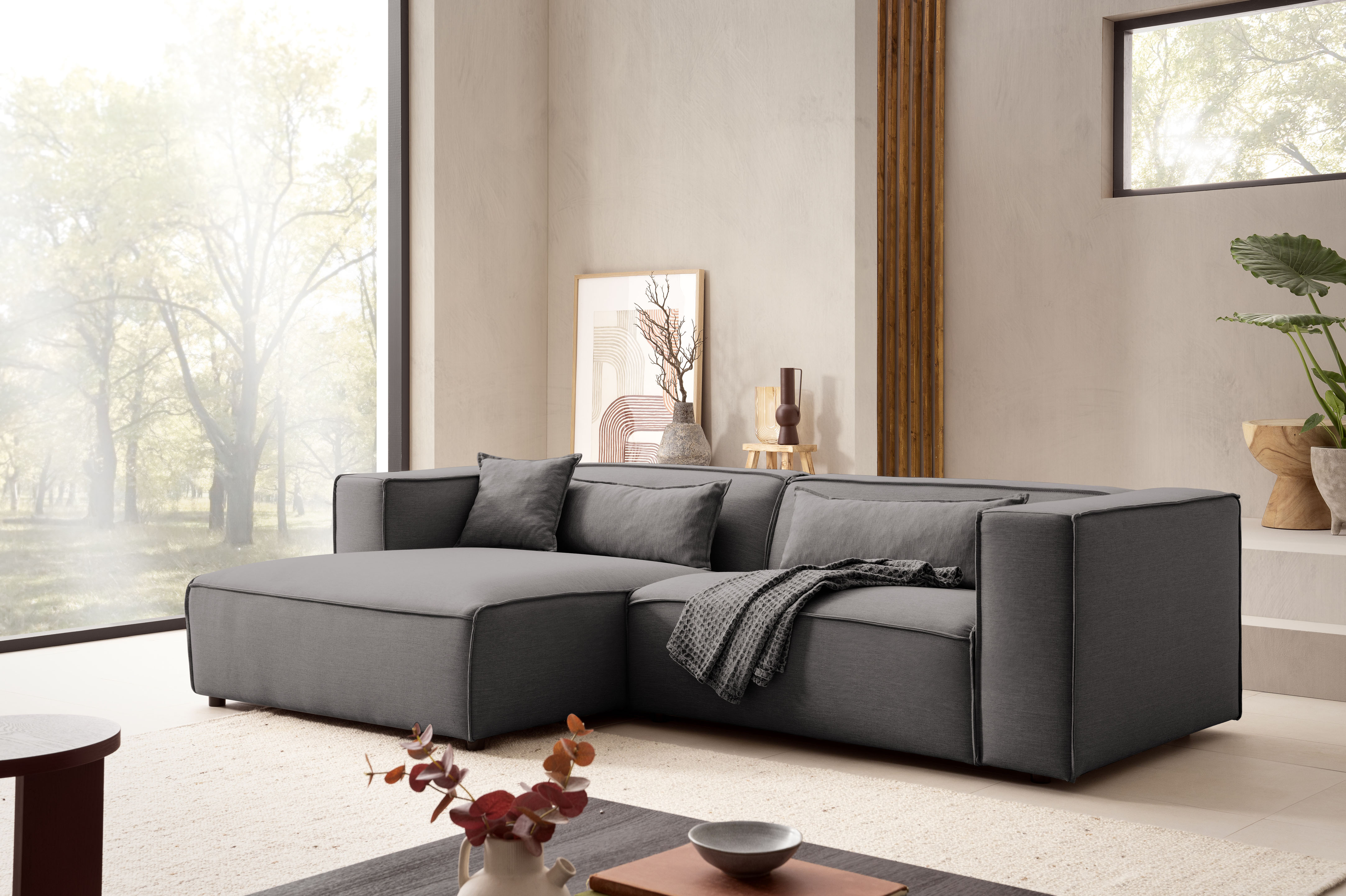 LeGer Home by Lena Gercke Ecksofa "PIARA Struktur u. Leinenoptik mit Kedernaht L-Form" wahlweise Ottomane rechts/links, schwarze Füße, bequemer Sitzkomfort