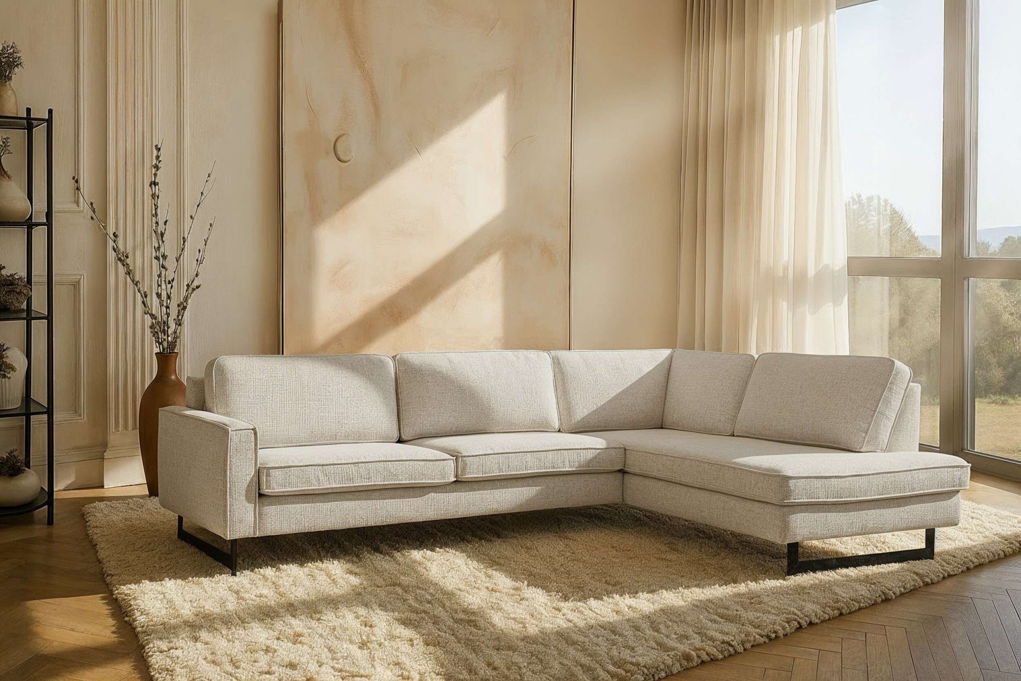 OTTO home Ecksofa "Pinto, 290 cm, Cord, Chenille, Lederoptik, Ottomane links / rechts" mit Keder, schwarze Metallfüße, Wellenunterfederung