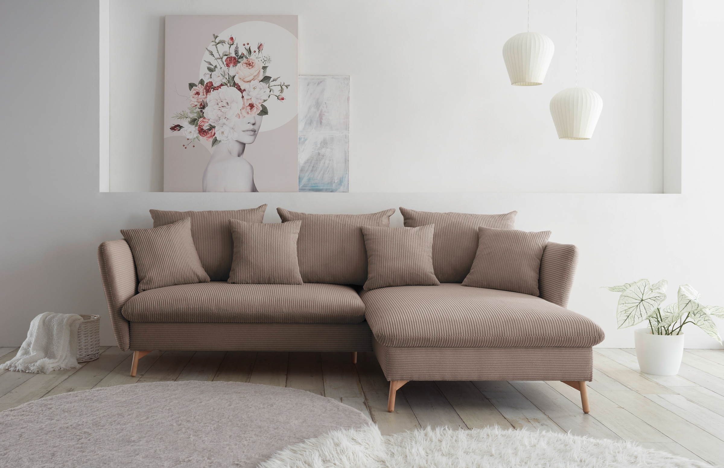 andas Ecksofa »MERLE, 258 cm, L-Form, traumhafter Cord,«, mit Bettfunktion und Bettkasten, Liegefläche 224 x 139