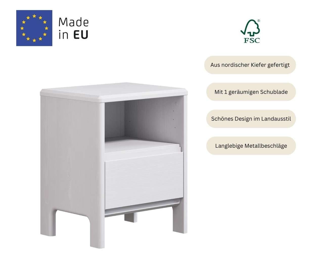 Home affaire Nachttisch »Luven«, aus massiver Kiefer, mit 1 Schublade, Breite 44 cm