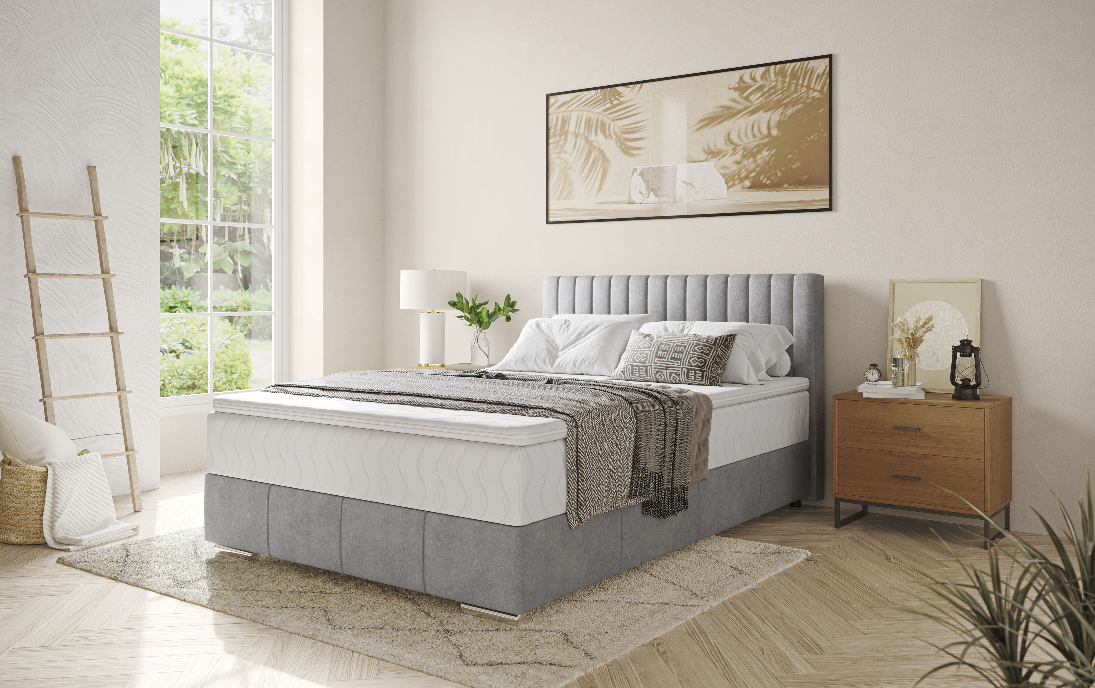 Boxbett INOSIGN, B:146cm L:208cm, grau, Polyester, Komplettbetten, "Thor mit Bettkasten, inkl. Matratze, Topseller", Topper und Zierkissen, in