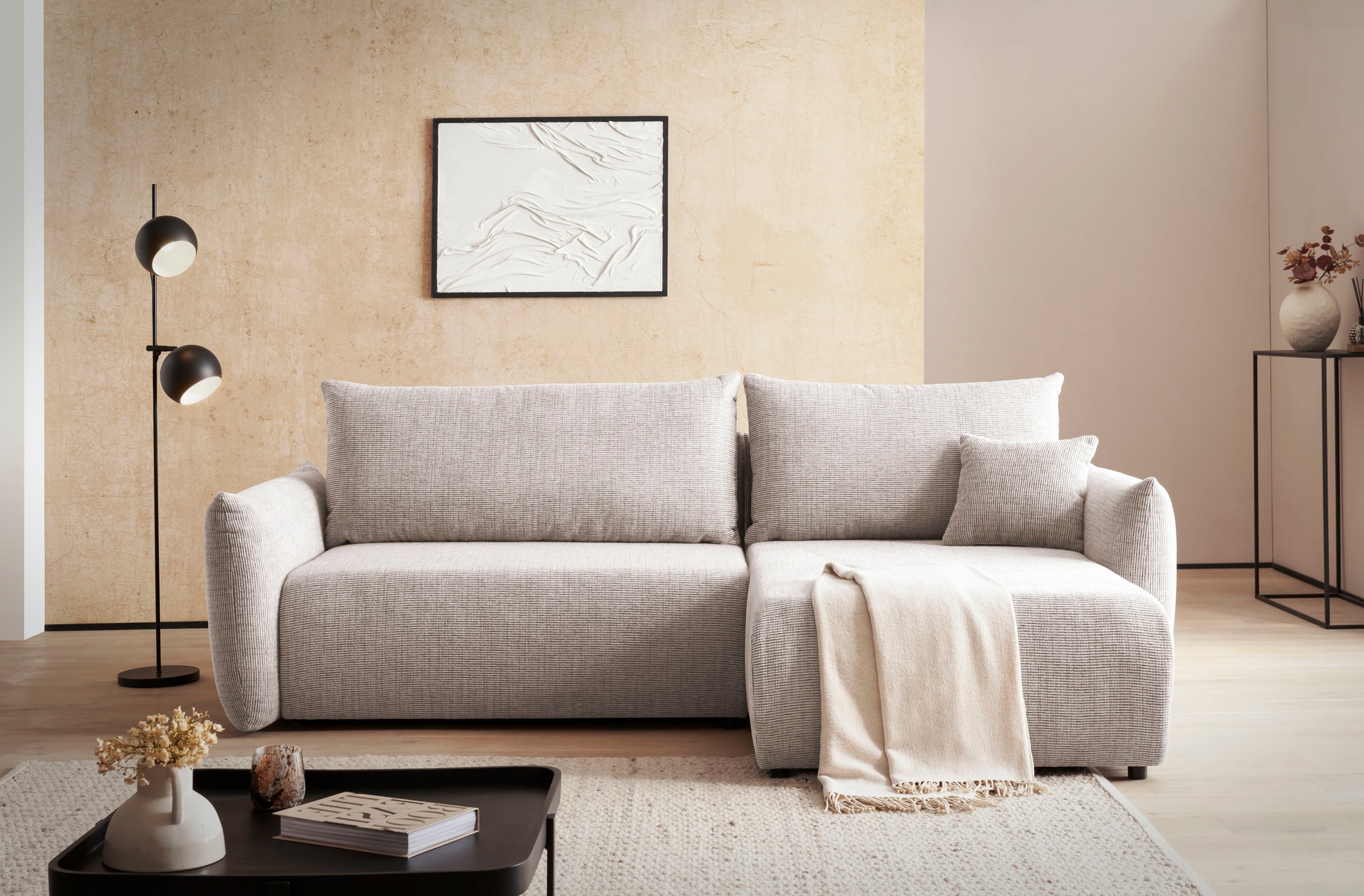 INOSIGN Ecksofa »MAVAS Schlafsofa mit Bettkasten, L-Form,«, ca.257/127cm (Liegefläche 212/145 cm), Cord, Chenille, Struktur