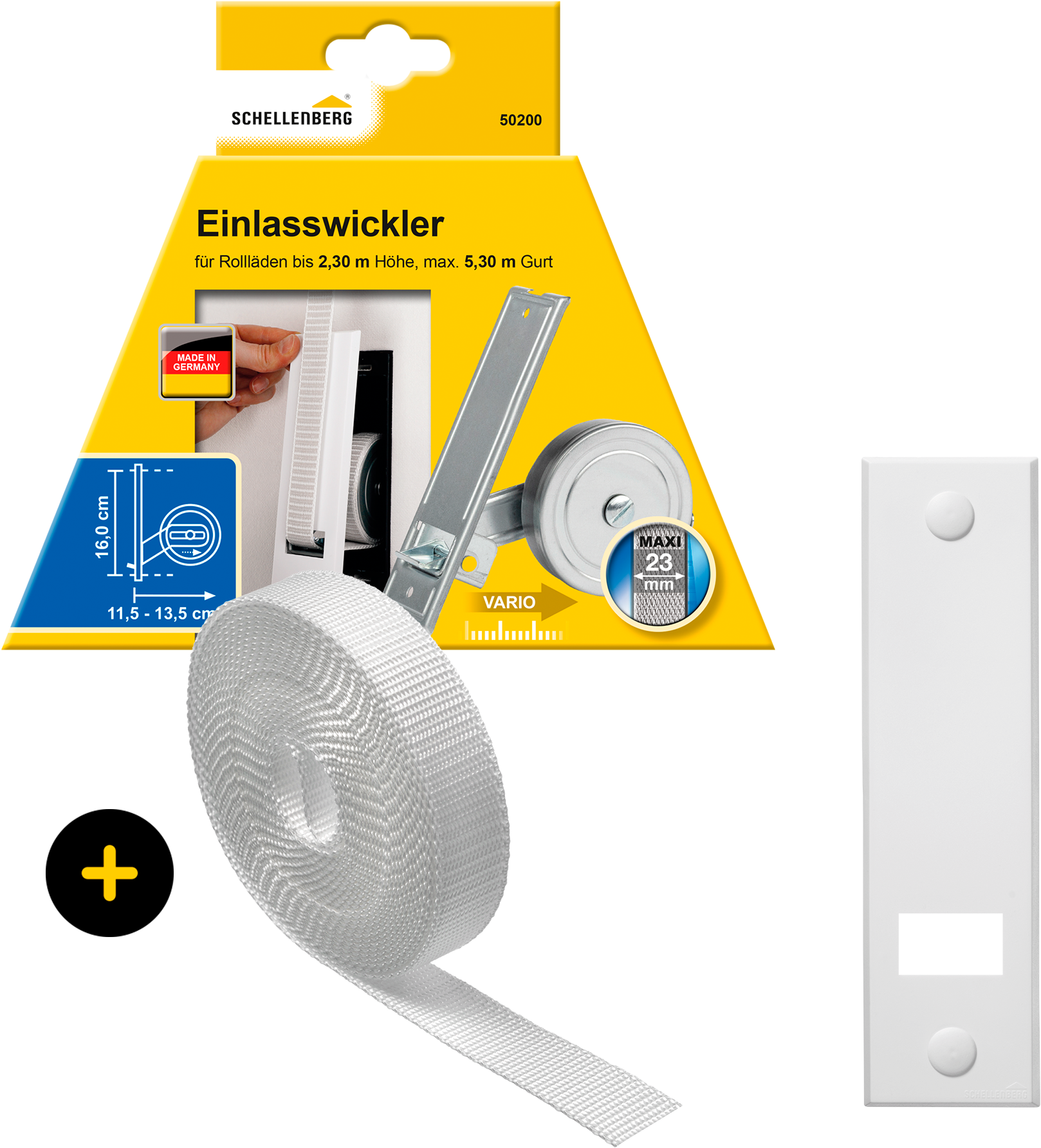 SCHELLENBERG Einlass-Gurtwickler "Unterputz, inkl. Abdeckplatte weiß und Rollladengurt in grau oder weiß" Set, 1 Stk. tlg. 16 cm Lochabstand für das Rollladensystem Maxi