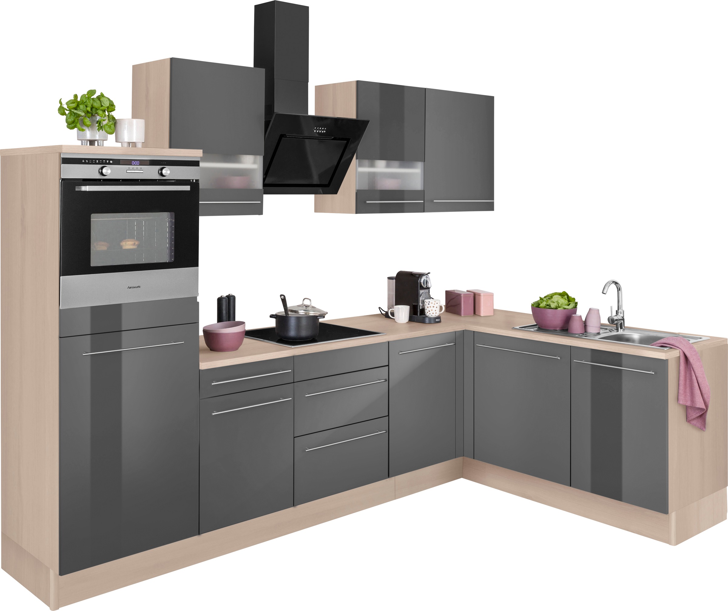 OPTIFIT Winkelküche »Bern«, Hanseatic EGeräte, Stellbreite 285 x 175 cm, mit Induktionskochfeld