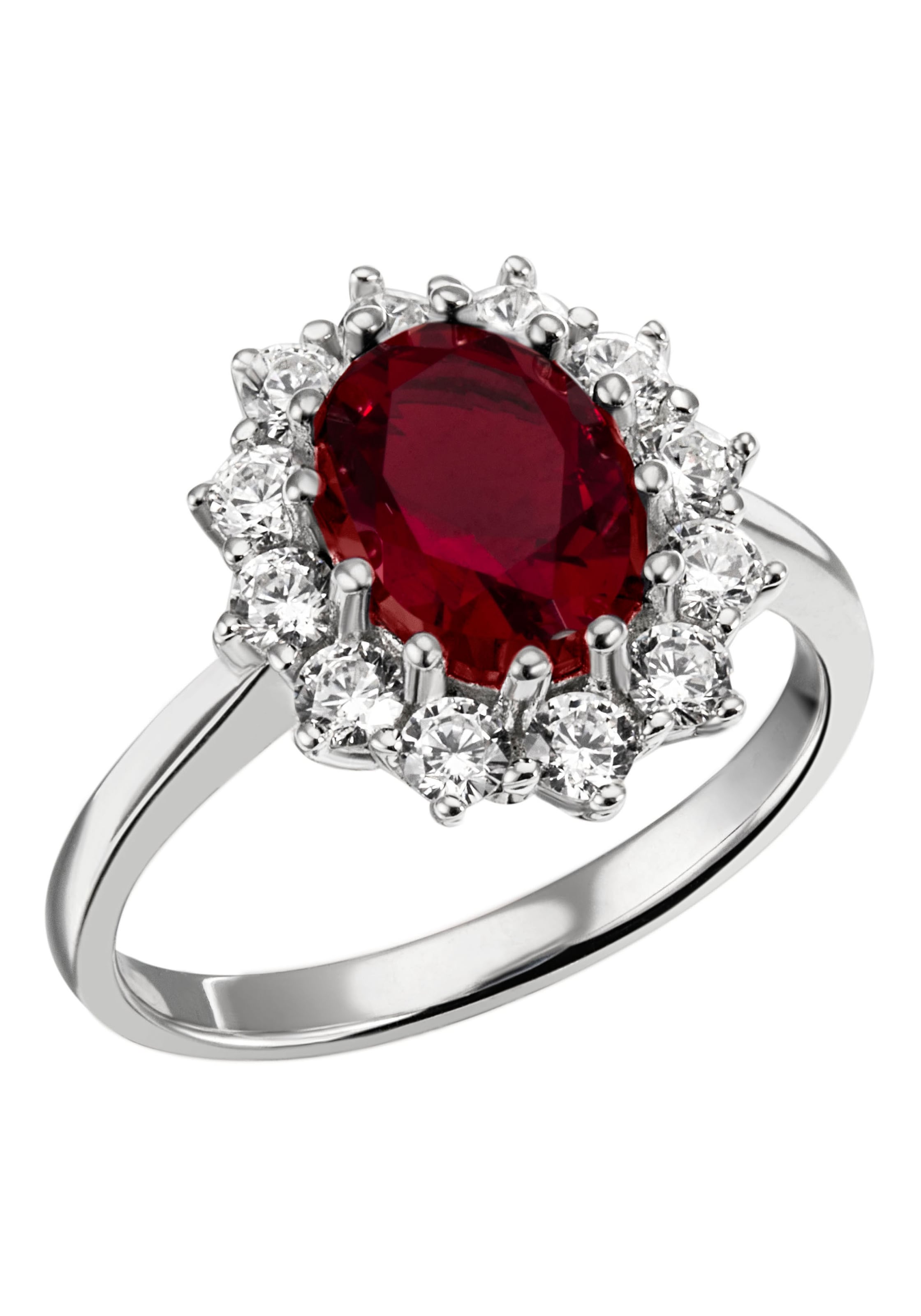 Fingerring FIRETTI "Schmuck Geschenk Silber 925 Damenring Lady D Diana Royal" Gr. 58, rot (silberfarben, rubinrot, kristallweiß), Fingerringe, Damen, 58, Silber 925 (Sterlingsilber), 2,1mm, Fingerring, mit Zirkonia (synth.), Glasstein