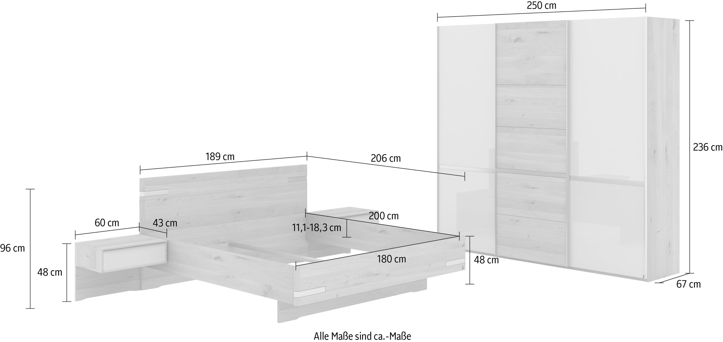 Musterring Schlafzimmer-Set »Savona, Kleiderschrank, Bett & Nachtkommoden, teilmassiv Bianco-Eiche«, (2er-Set Nachtschränke, Schwebetürenschrank, Bett 180x200 cm), Eiche- und Glastüren, Kopfteil Eiche, Konsolen Glasfront, Höhe 236cm