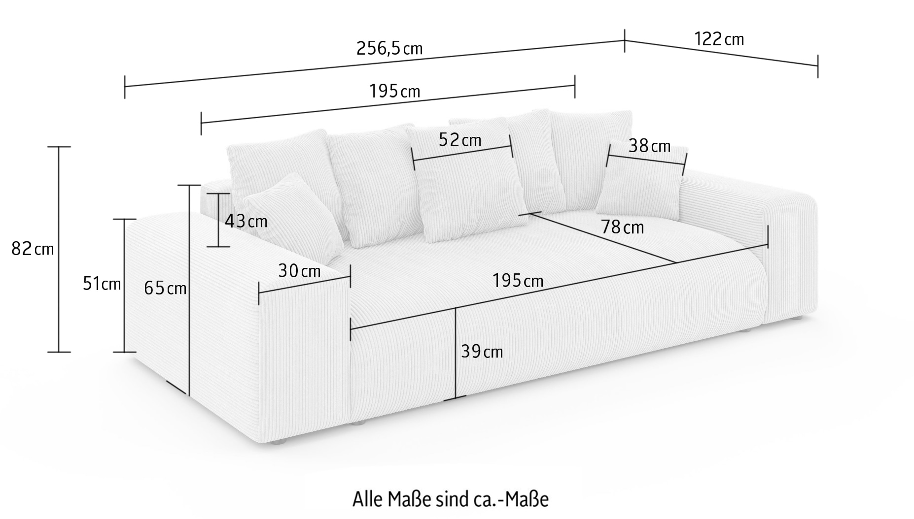 Home affaire Big-Sofa »LAKESIDE 3-Sitzer Schlafsofa mit Bettkasten, Breite 256,5 cm« Liegefläche 168,5x195 cm, hoher Sitzkomfort, Maße B/T/H: 256/122/82cm