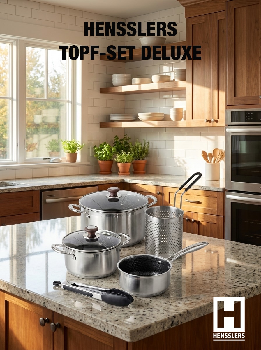 HENSSLERS Kochtopf "HENSSLERS Edelstahl-Topf-Set inkl. Grillzange & Pastasieb" Set, 7 tlg. Edelstahl
