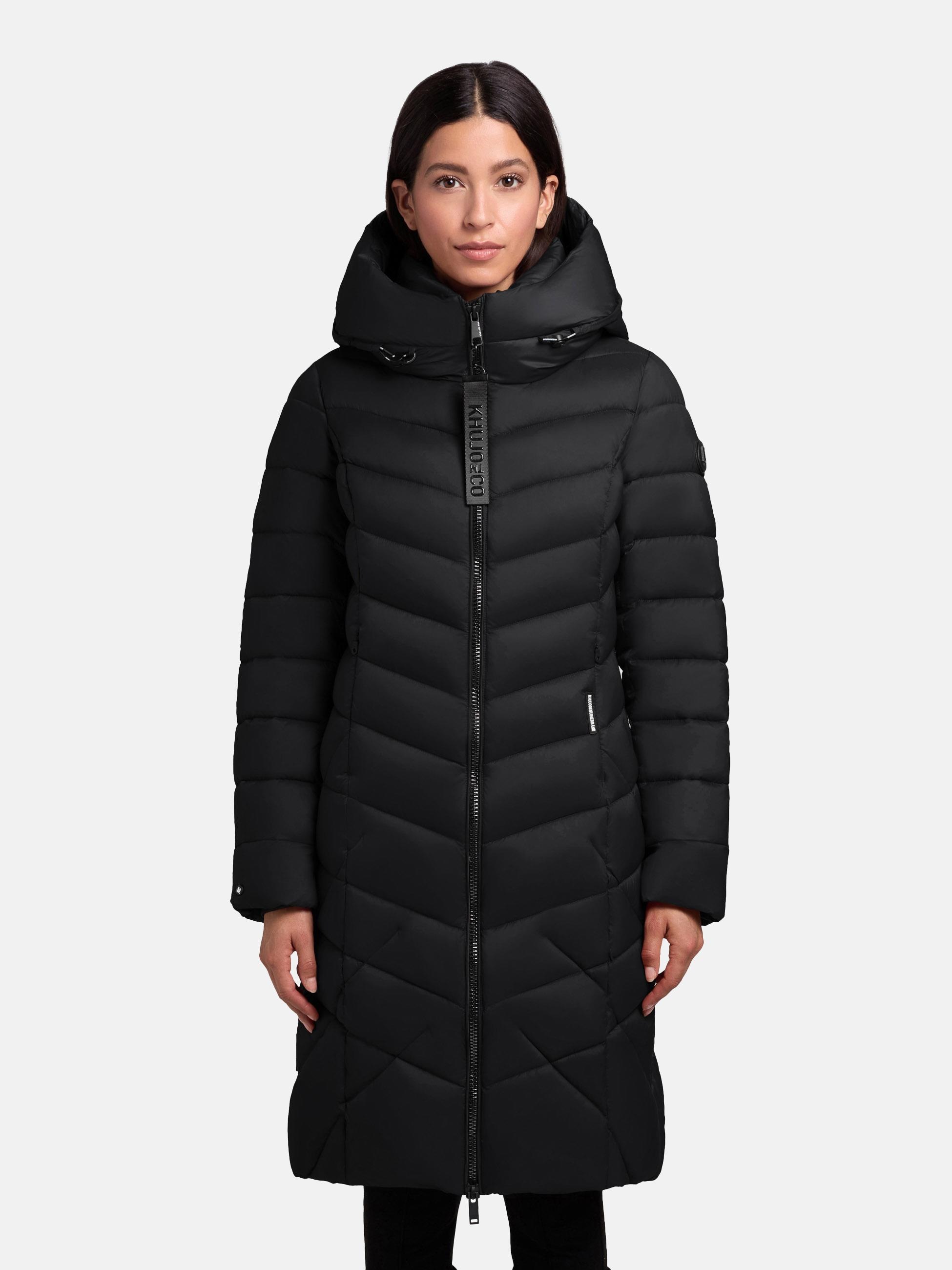Steppmantel KHUJO "Odana3-YM", Damen, Gr. L (40), schwarz, Obermaterial: 100% Nylon; Innenfutter: 100% Nylon; Wattierung: 100% Polyester, tailliert knieumspielend, hoch geschlossener Ausschnitt, Ärmel ohne Ärmelschlitz Rippbündchen, Mäntel Steppmantel, Ge