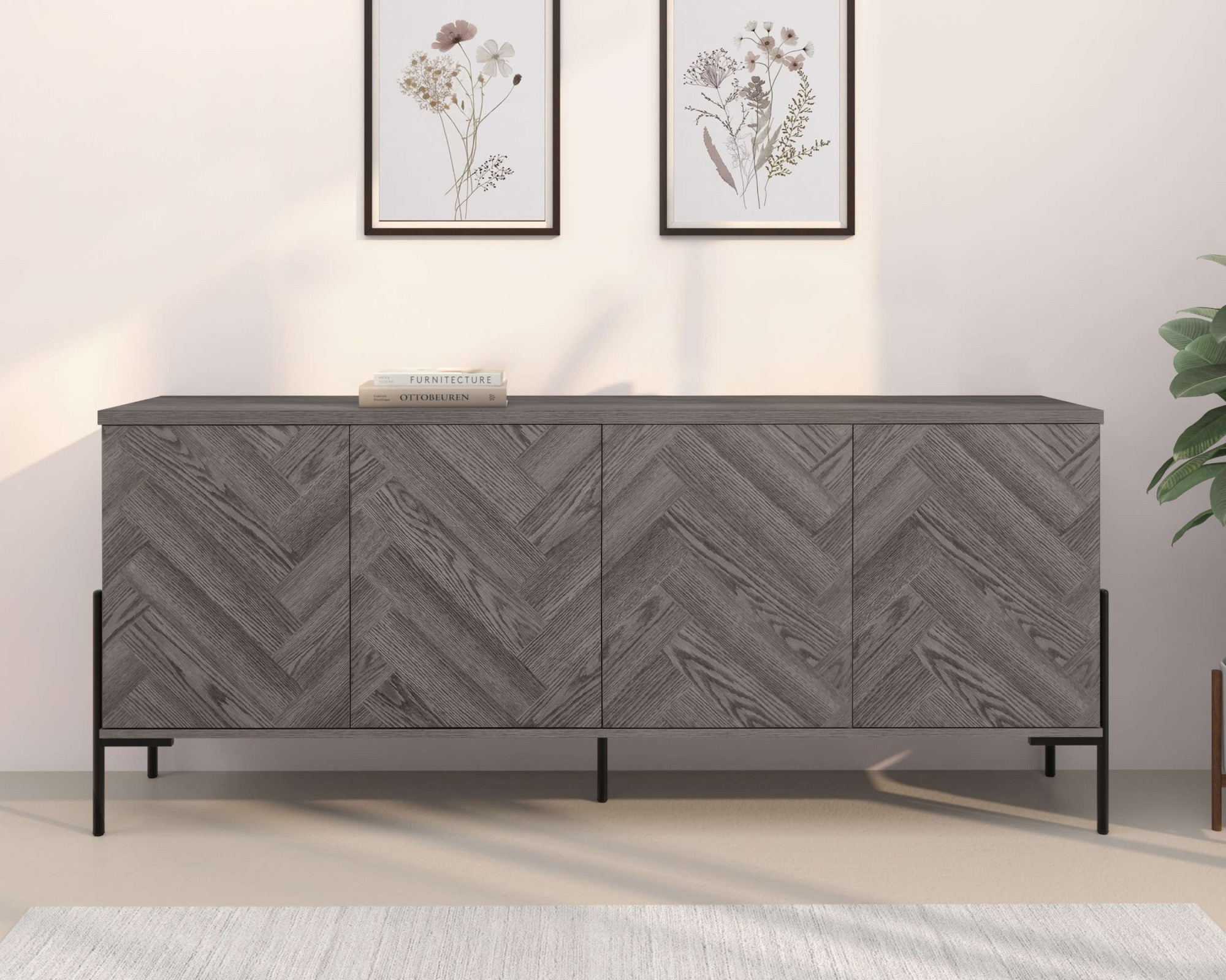Leonique Sideboard "Eadwine" Kommode, Push-to-open, Türen mit Fischgräten M günstig online kaufen