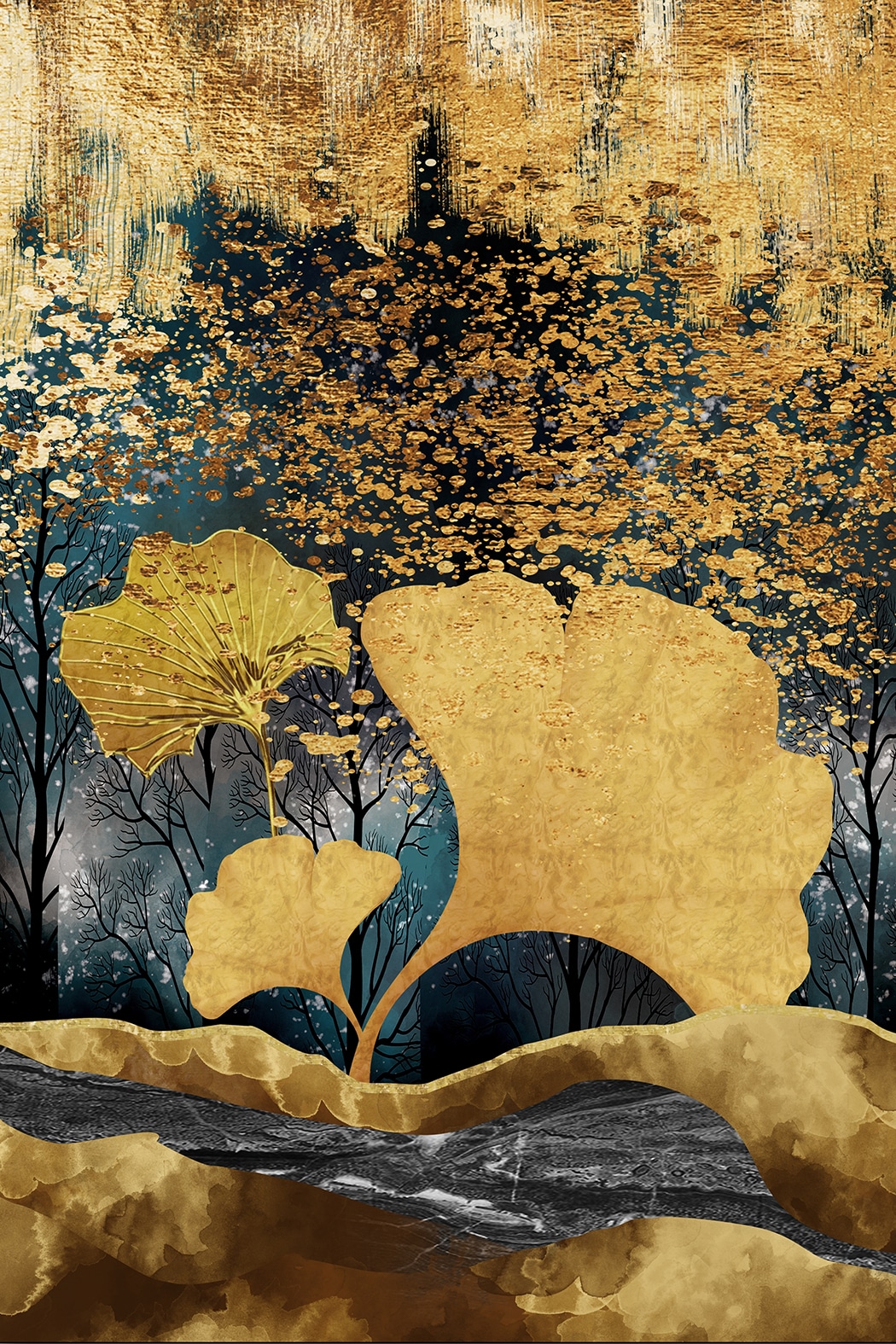 queence Leinwandbild "Gingko in Gold, Canvas Bild von Hand bespannt" 1 Stk. tlg. Zeitlose Ginkgo-Motive in hellen Farben