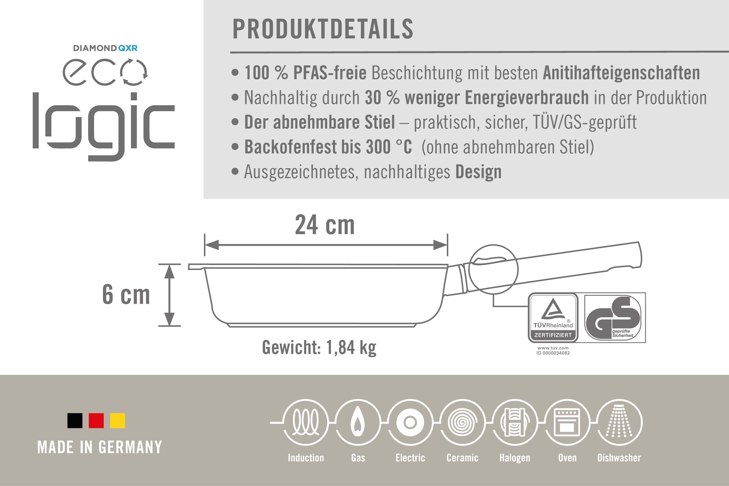 WOLL Bratpfanne »Eco Logic QXR Guss-Pfanne viereckig«, Aluminiumguss, (1 tlg.), PFAS-freie Diamond-QXR - Beschichtung