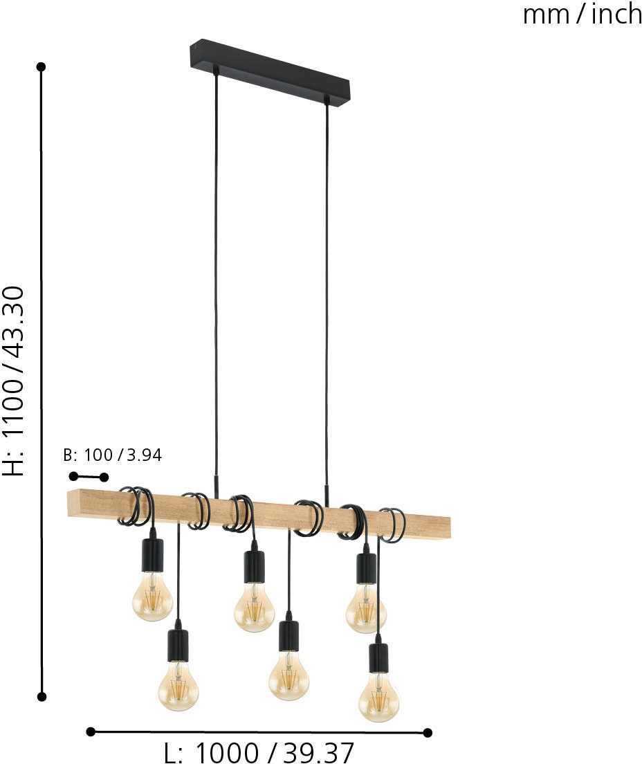 EGLO Pendelleuchte »TOWNSHEND«, 6 flammig, Leuchtmittel E27 | ohne Leuchtmittel, schwarz, braun / L100 x H110 x B10 cm / Retro / Vintage / Esstisch
