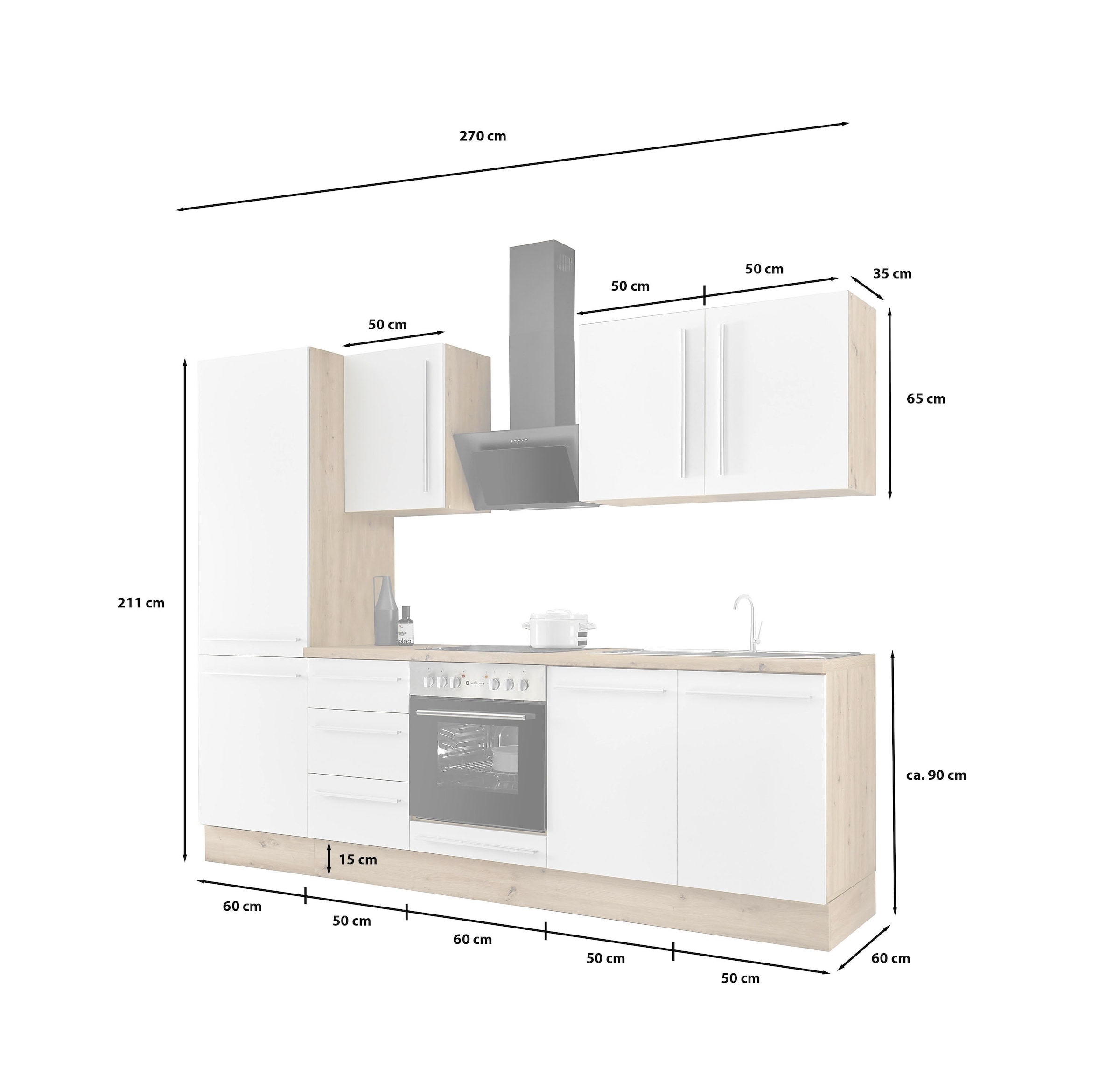 Kochstation Küchenzeile »KS-Florida mit 38mm starker Arbeitsplatte«, Breite 270 cm, wahlweise mit E-Geräten, Soft-Close-Funktion