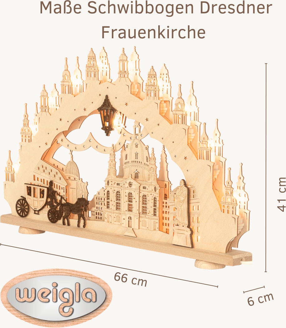 Weigla Schwibbogen »Dresdner Frauenkirche, Lichterbogen aus Holz, NATUR-BRAUN«, Erzgebirge garantiert, Weihnachtsdeko Innen, Weihnachtsbeleuchtung