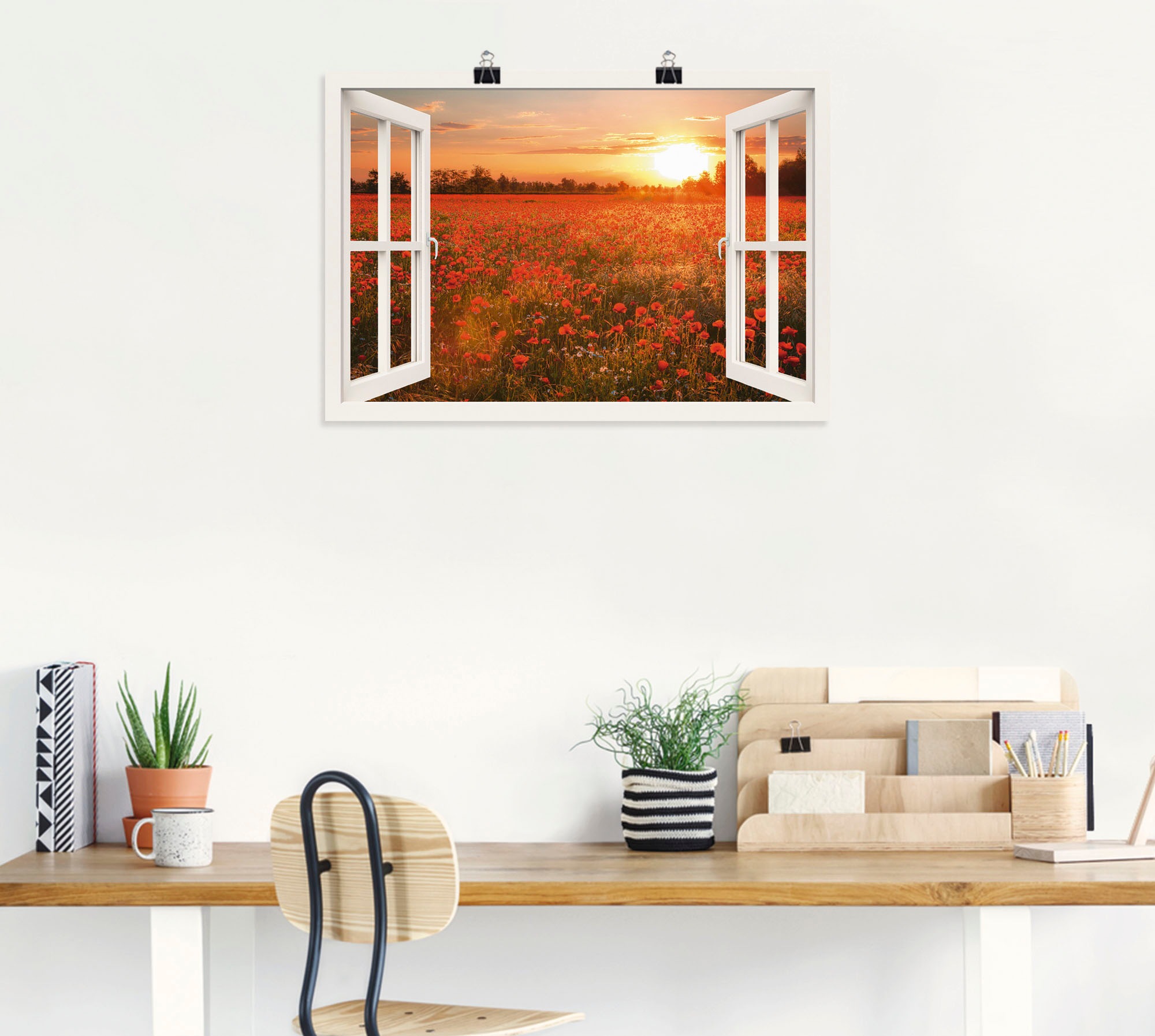Artland Wandbild »Fensterblick Mohnblumenfeld«, Blumen, (1 St.), als Leinwandbild, Poster, Wandaufkleber in verschied. Größen
