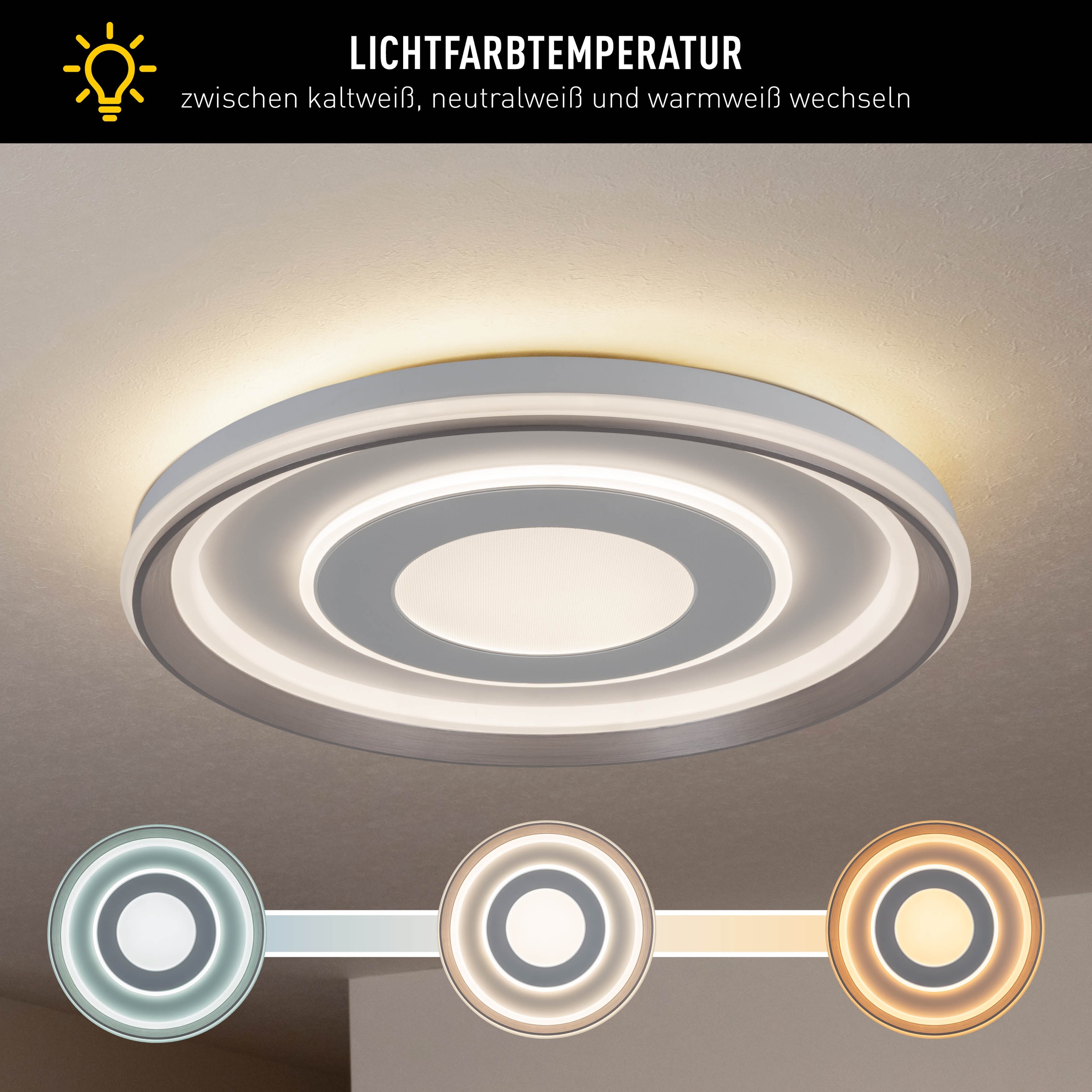 näve LED Deckenleuchte »Doira«, 1 flammig, Leuchtmittel LED-Modul | LED wechselbar, weiß/silber, dimmbar per Fernbedienung (inkl), CCT, Memory, Nachtlicht
