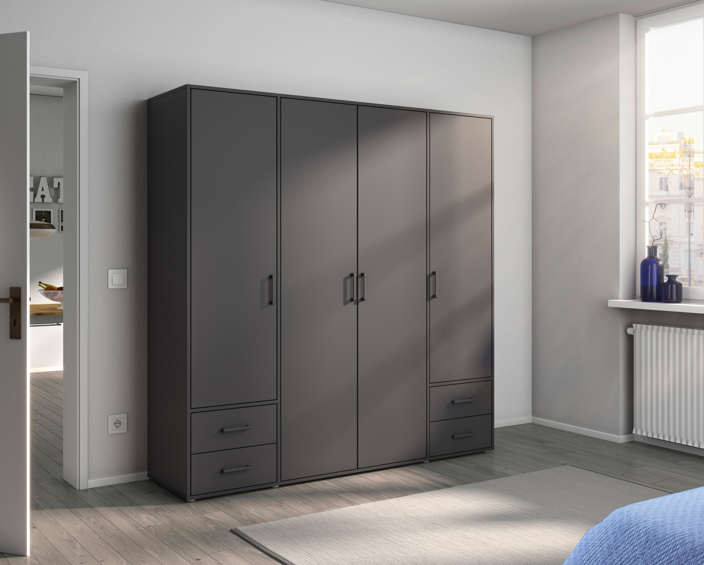 rauch Drehtürenschrank »Kleiderschrank Schrank Garderobe Wäscheschrank VOYAGER«, (in 3 verschiedenen Ausstattungen BASIC/CLASSIC/PREMIUM), moderne Griffe in Graumetallic mit Außenschubkästen MADE IN GERMANY