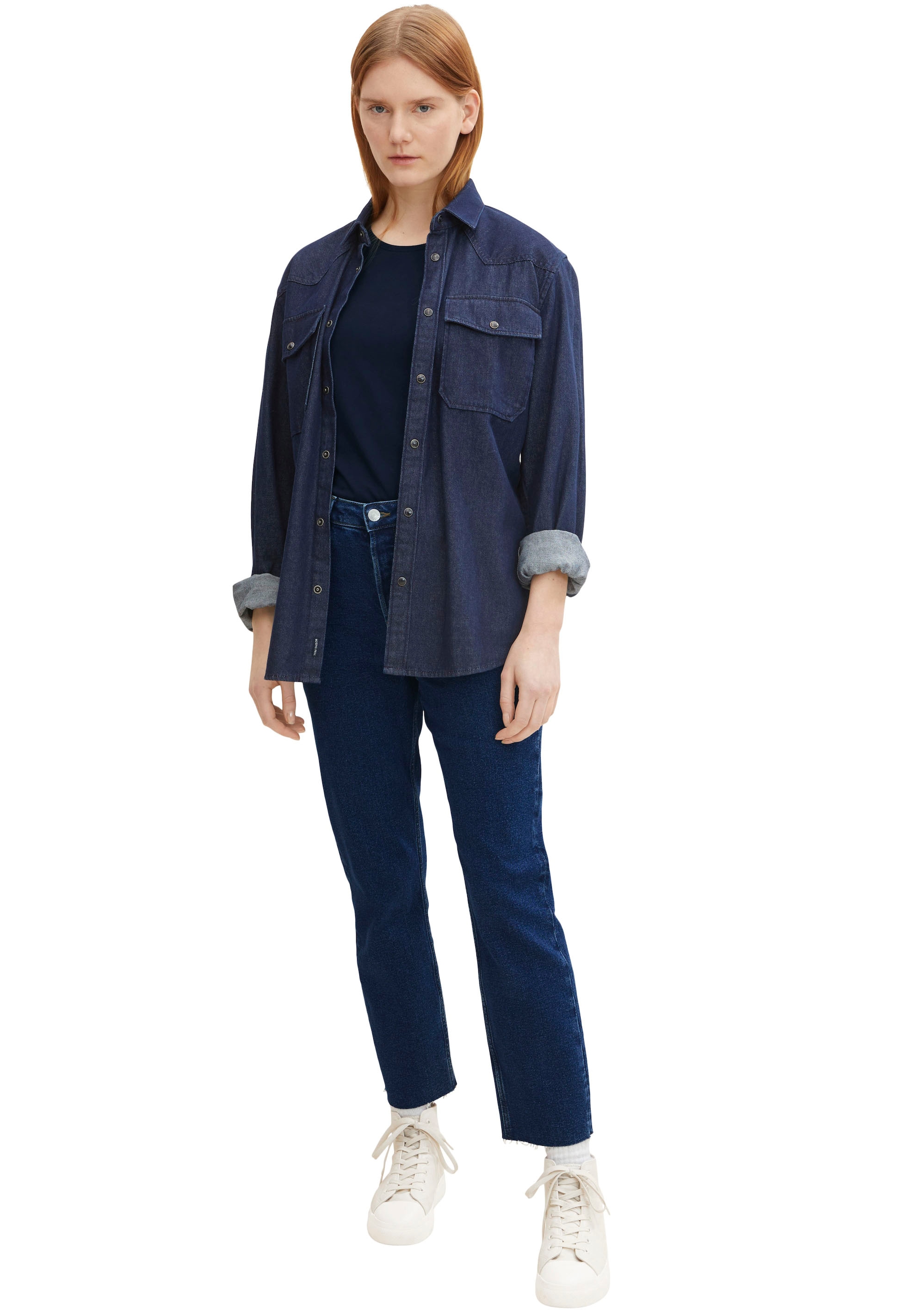 TOM TAILOR Denim Rundhalsshirt, mit Ärmelaufschlag