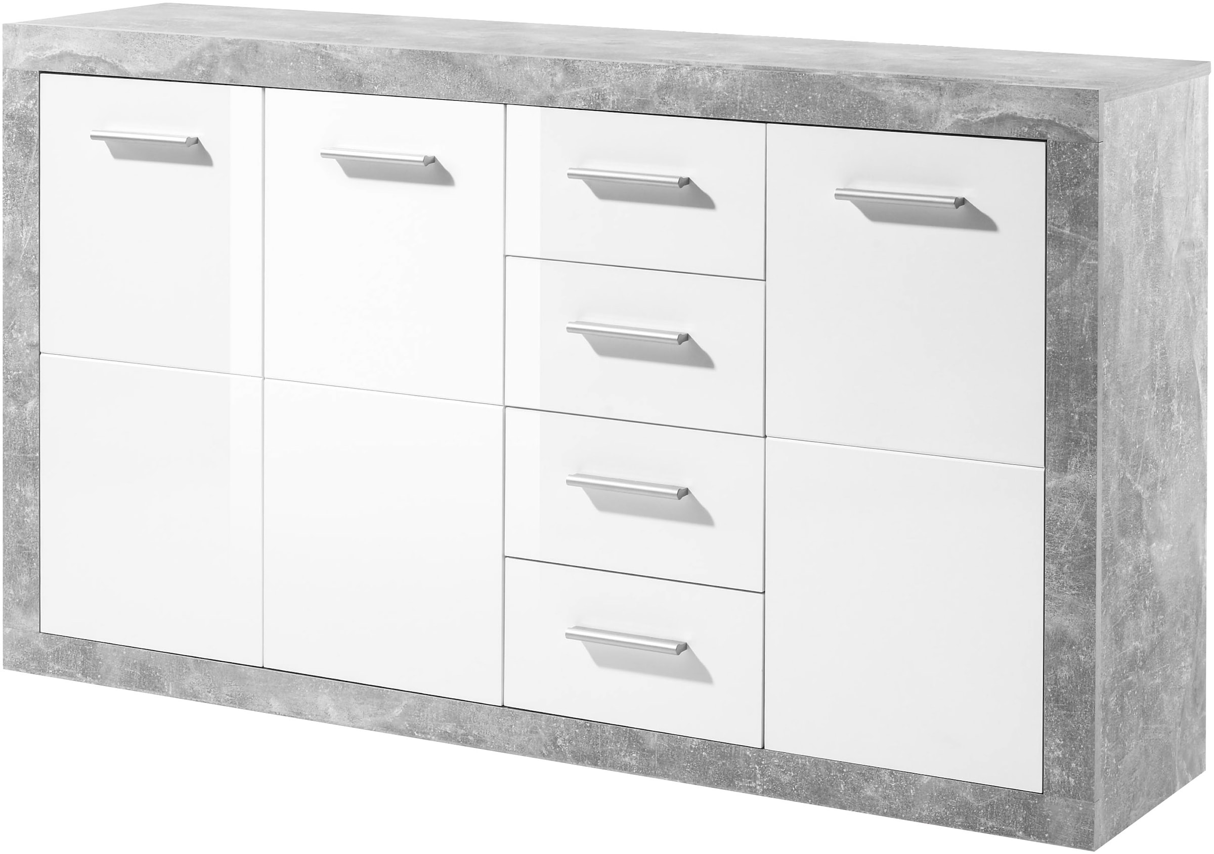 HBZ Kommode "Stone 2 Weiß Glanz, BxHxT 152x88x37 cm", Kommode mit 3 Türen, 4 Schubkästen, 2 Einlegeböden