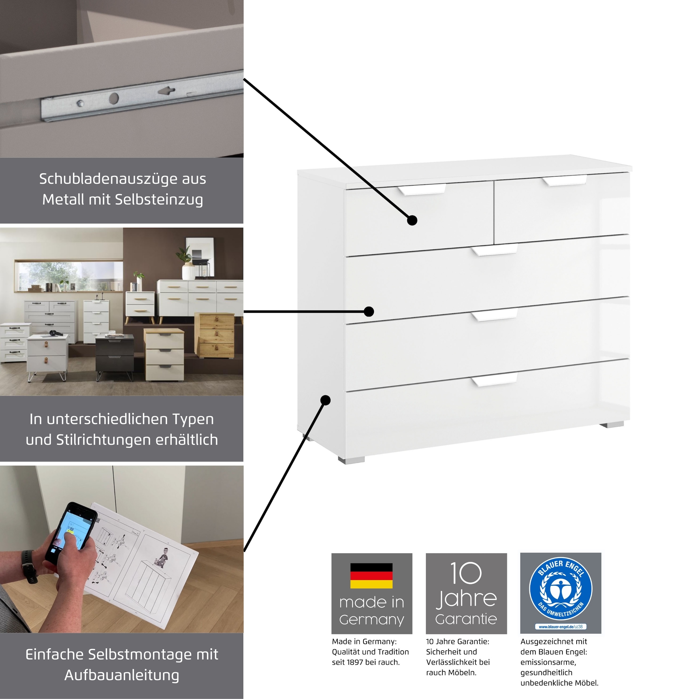 rauch Nachtkommode »Homey by Aditio«, mit Grifflaschen in Leder, 3 Schubladen mit Softclose-Funktion
