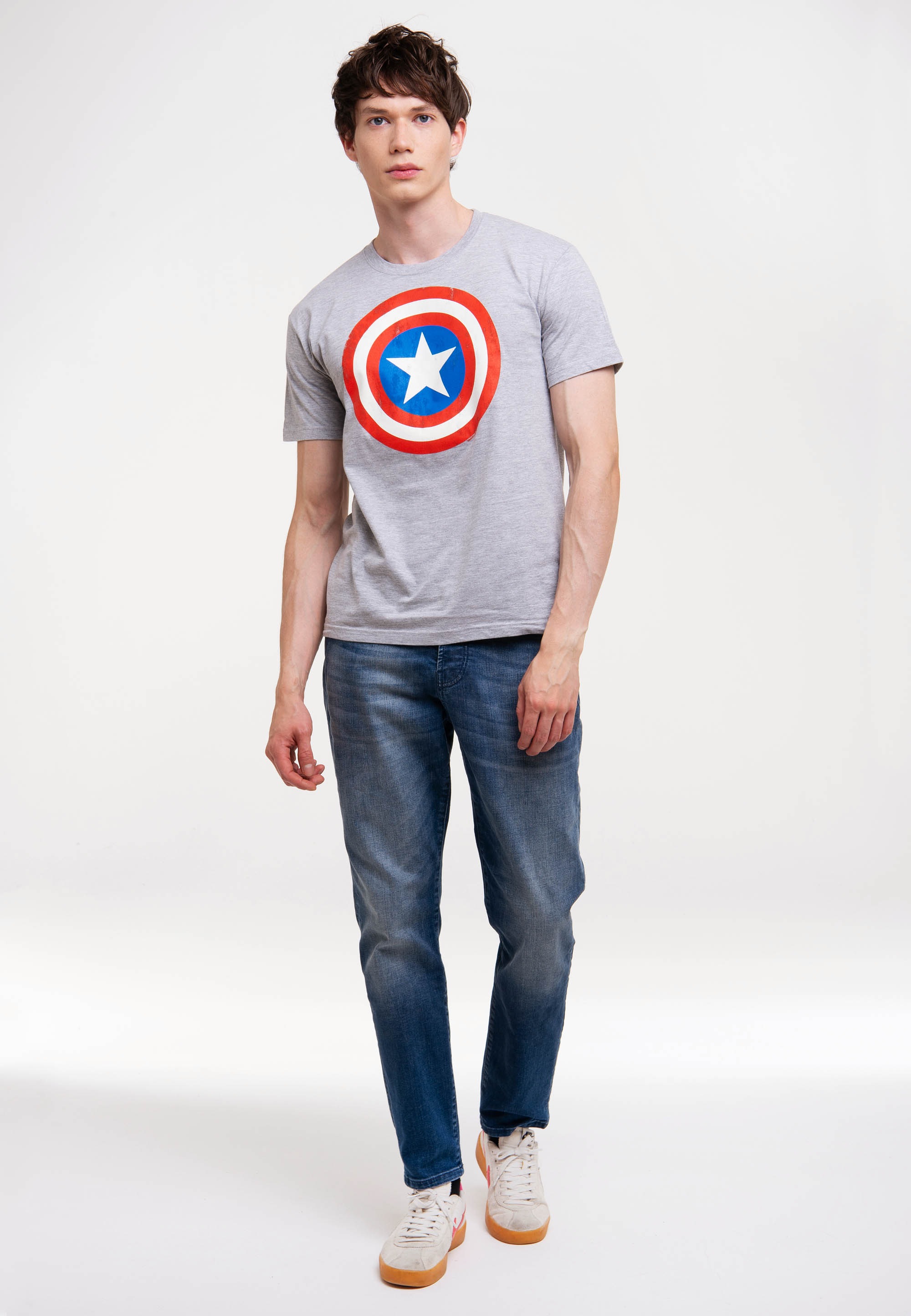 T-Shirt LOGOSHIRT "Marvel Comics - Captain America Logo", Herren, Gr. M, grau (grau, meliert), 97% Baumwolle, 3% Polyester, bedruckt, normal, Rundhals, Shirts T-Shirt, mit lizenziertem Print 2