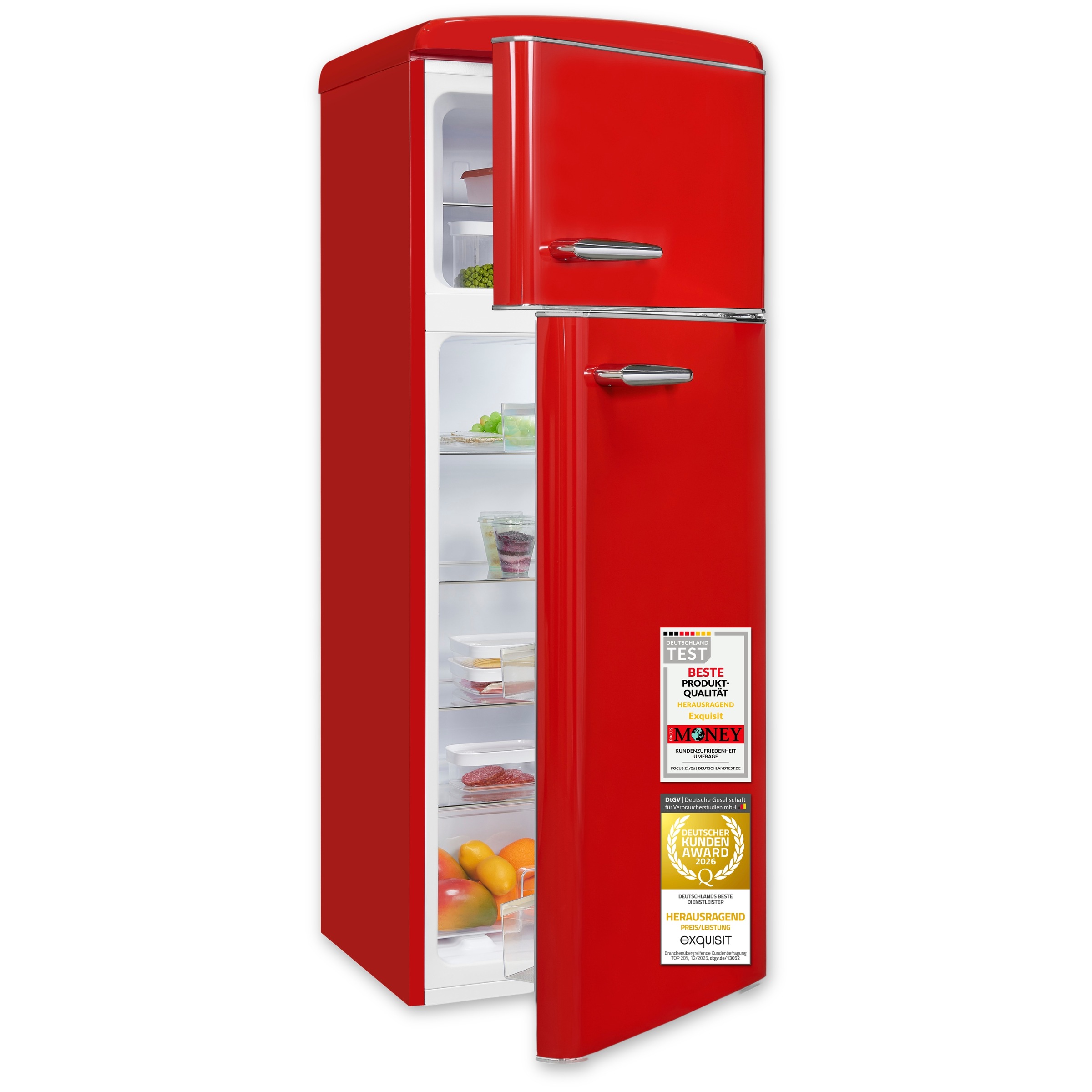 exquisit Kühl-/Gefrierkombination »RKGC270-45-H-160C rot« 146,5 cm hoch 54,5 cm breit LED-Beleuchtung, verstellbare Glasböden, Retro-Design