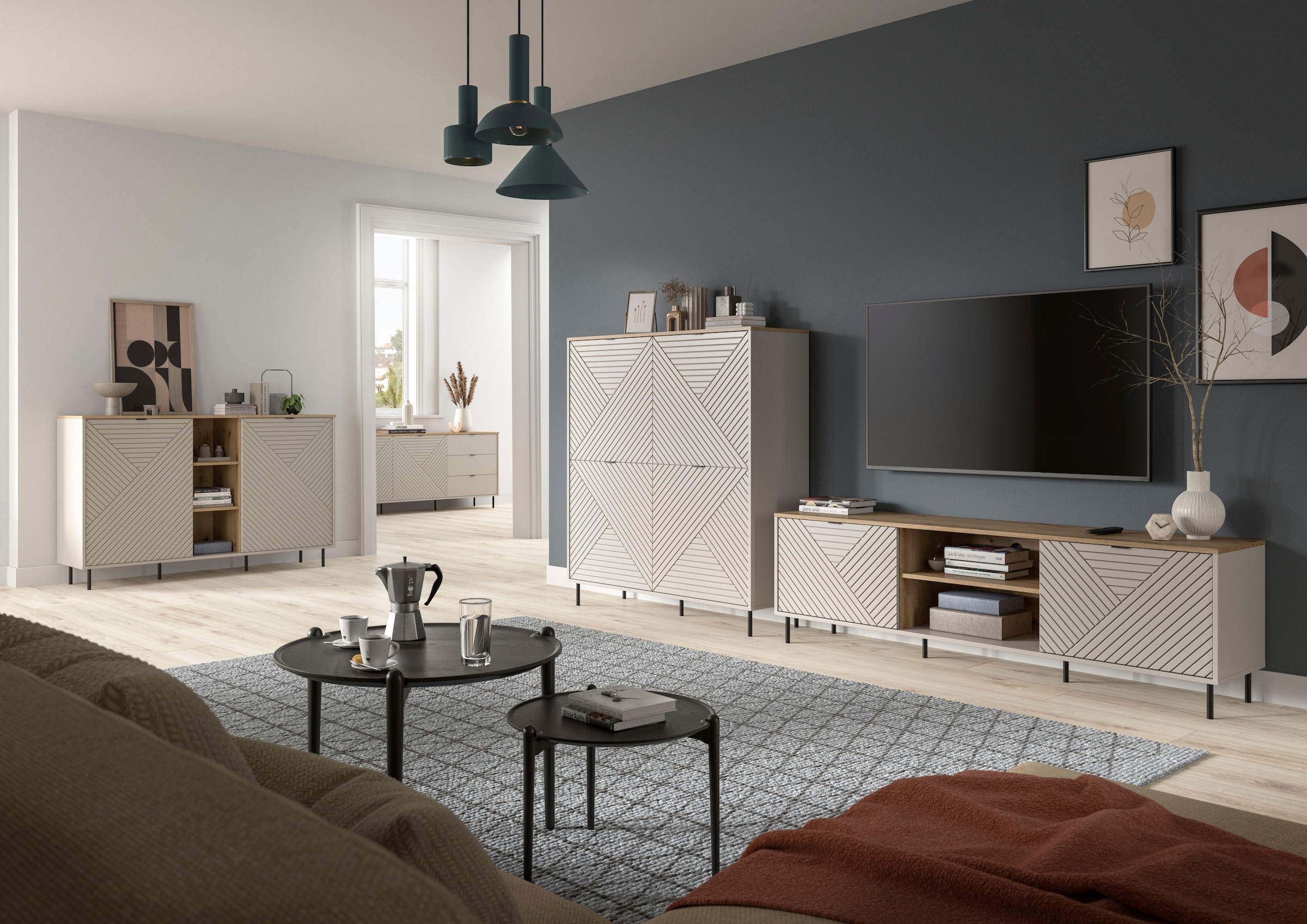 Home affaire Lowboard »RAITA, Breite 184 cm, Front mit Desgin-Fräsung, 2 Türen, viel Stauraum« moderne Farbkombi, individuell einsetzbar, Griffe & Füße aus Metall,  Kommode, Anrichte, Schrank, Sideboard, TV-Schrank, TV-Lowboard