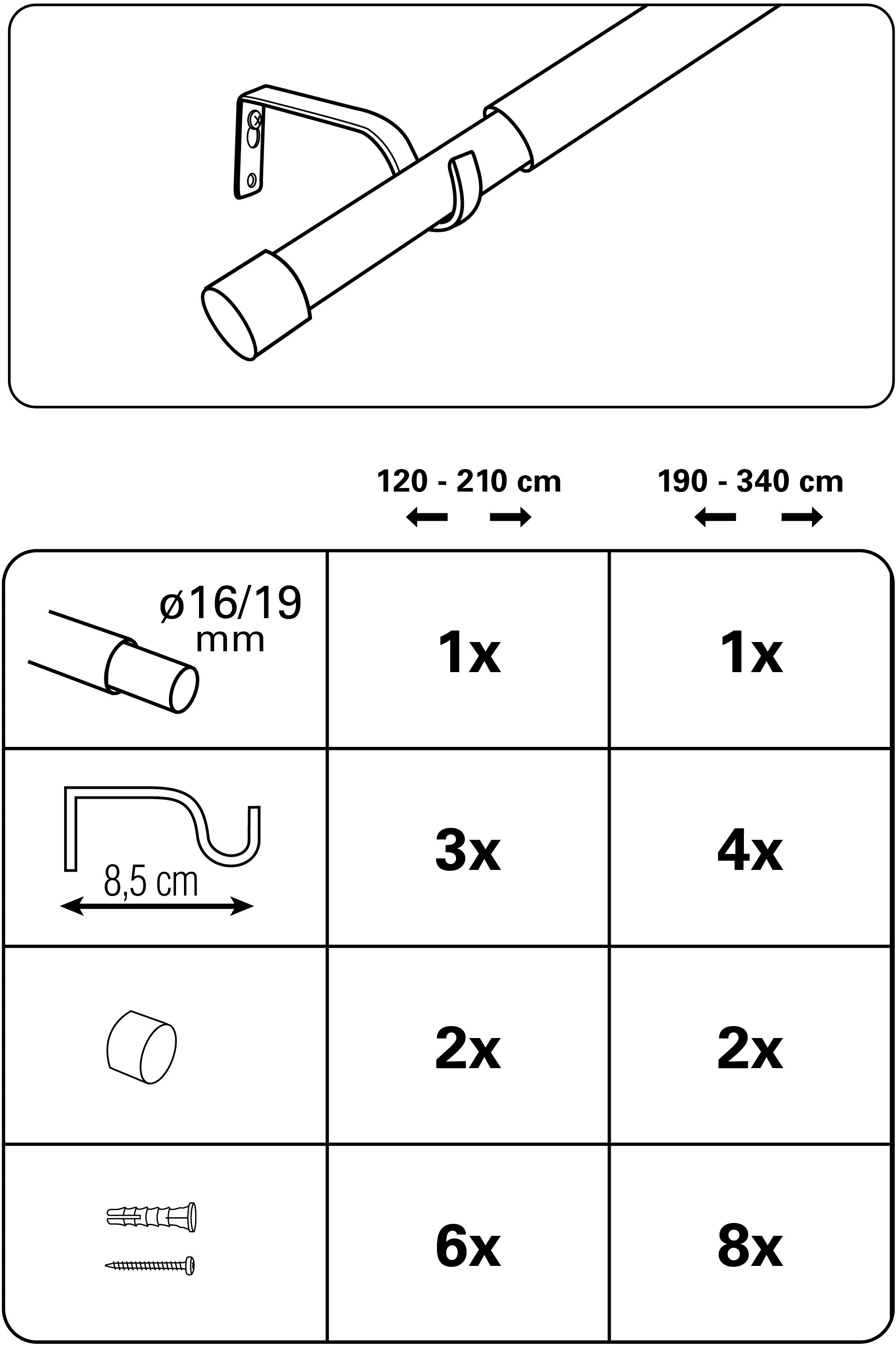 GARDINIA Gardinenstange »Gardinenstangen Set Kos«, 1 läufig-läufig, mit Bohren, Schrauben, Wandmontage, Metall, Ø 19/16 mm