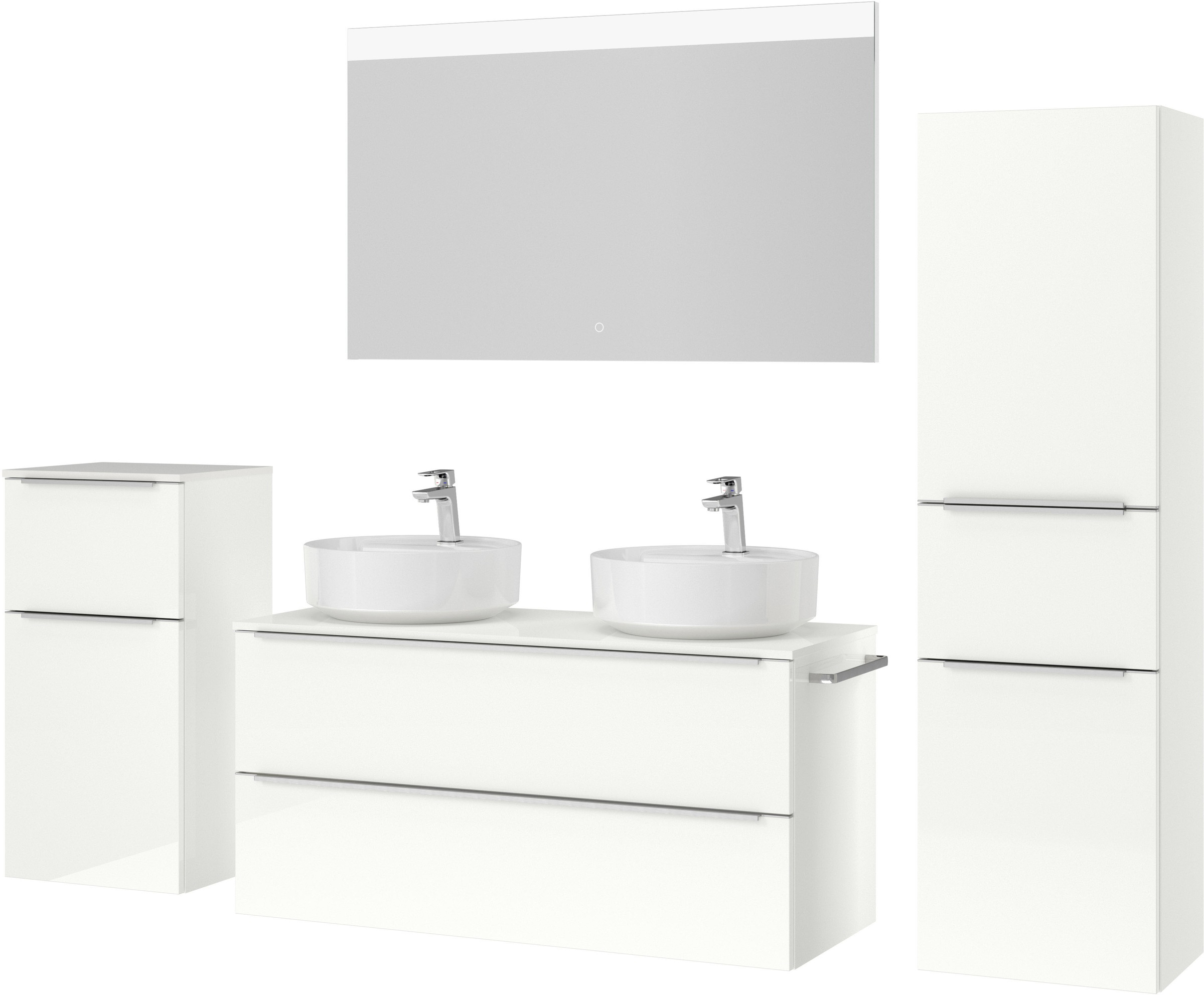 nobilia® Badmöbel-Set »Alvene«, (4 St., vormontiert, mit Soft-Close), Hochglanz, inkl. Spiegel mit Touch-Sensor, in vier Breiten