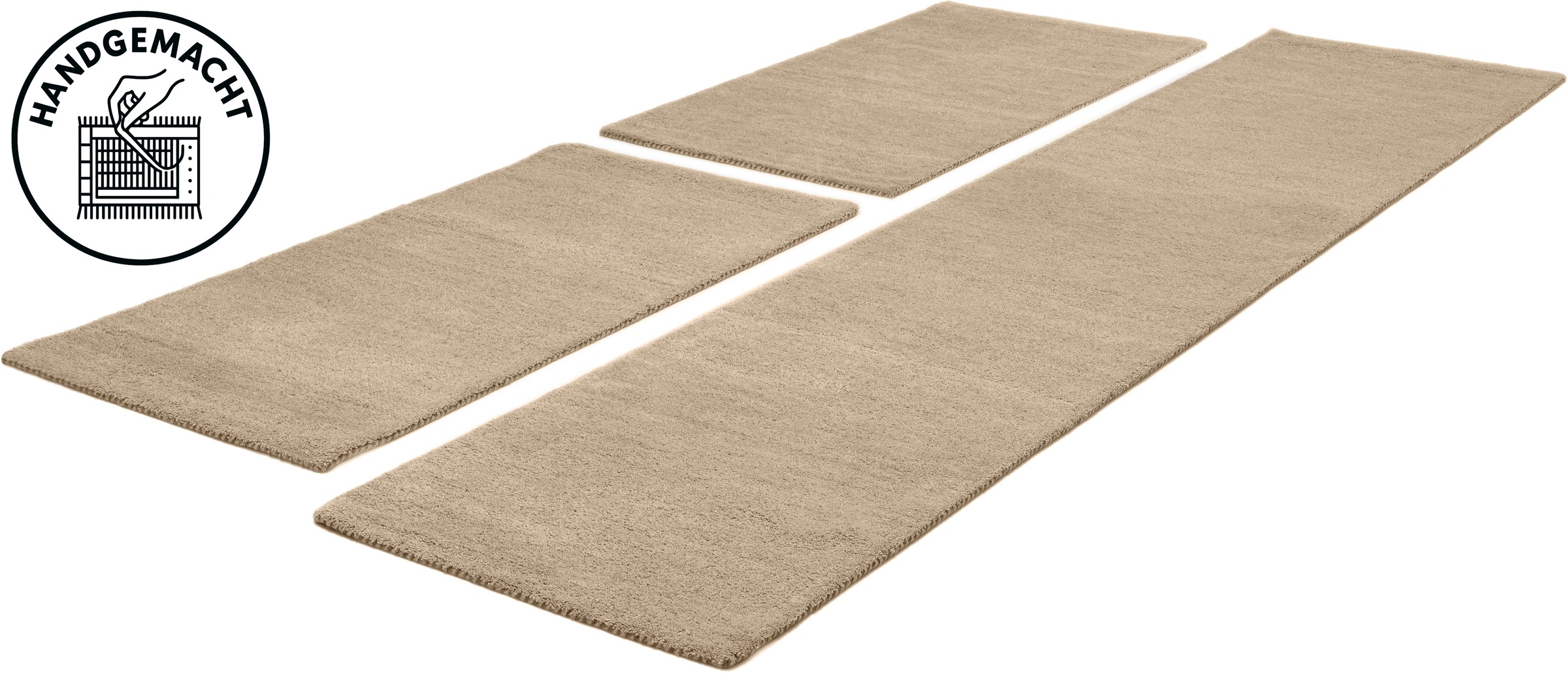 THEKO Bettumrandung "Gabbeh Uni, Handweb Teppich, meliert, reine Wolle" Höhe 14 mm 3 Stk. tlg. Bettvorleger, Uni-Farben, handgewebt, Läufer-Set, Schlafzimmer