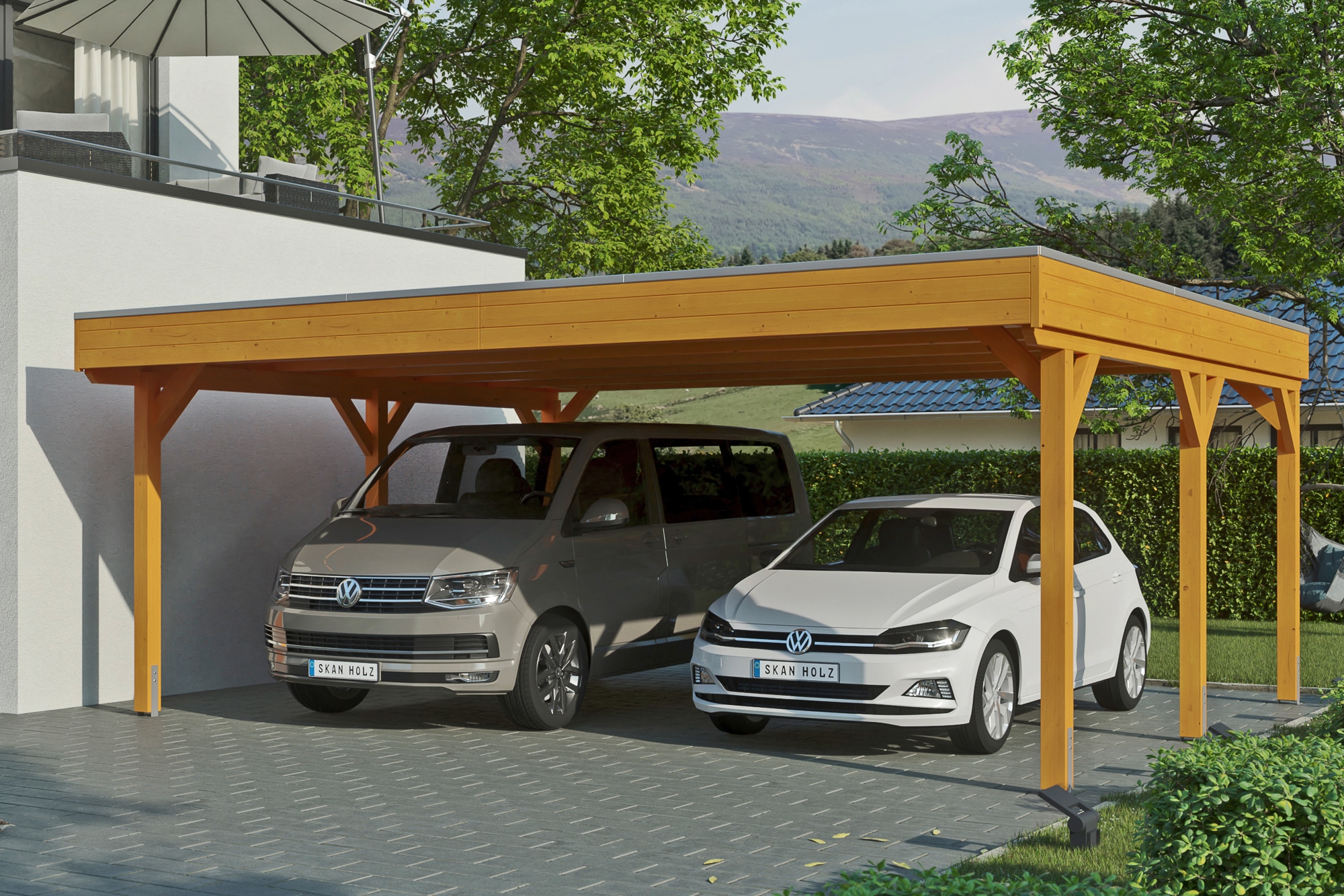 Skanholz Doppelcarport "Grunewald" Leimholz hellbraun mit EPDM-Dach