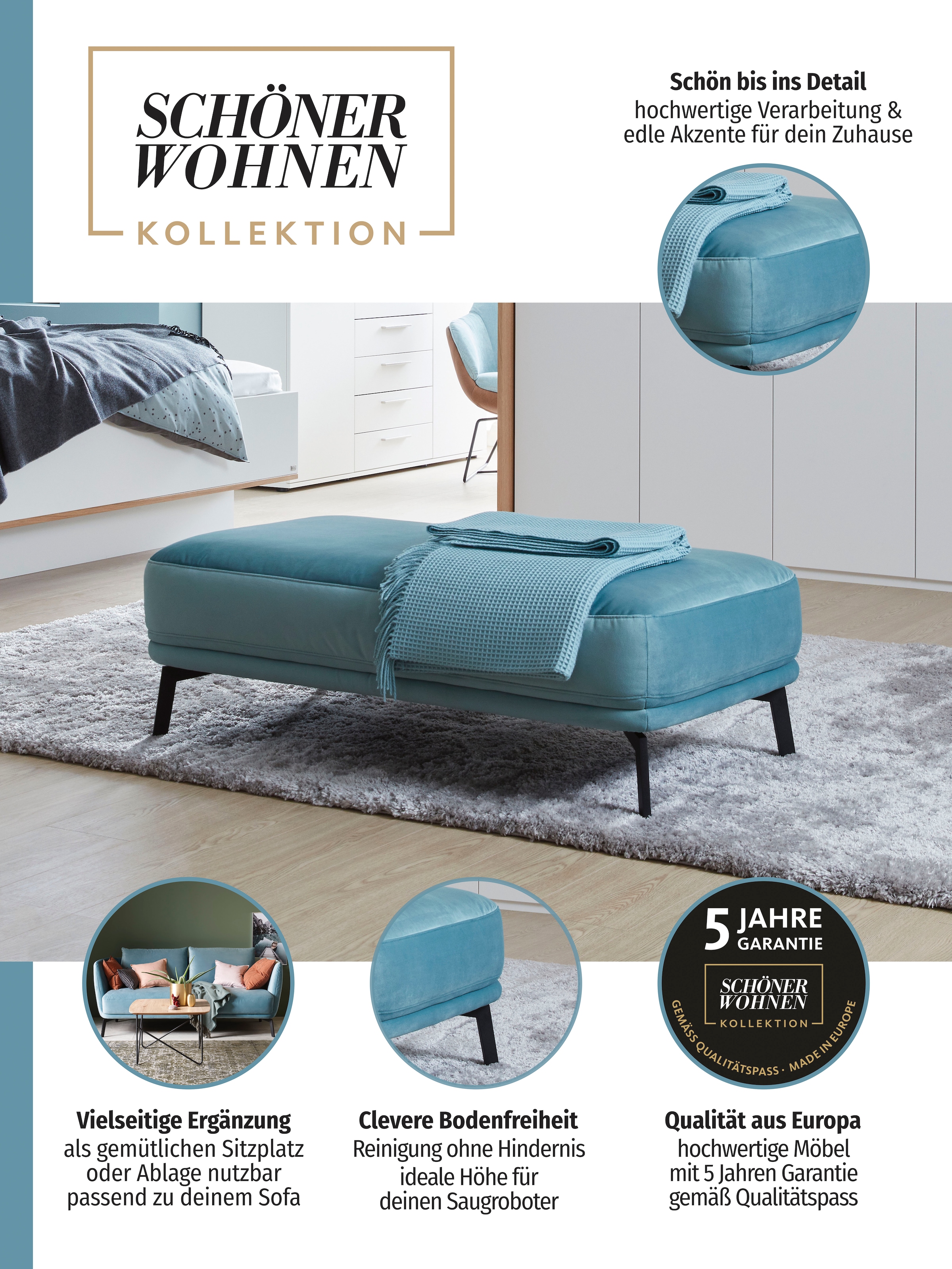 SCHÖNER WOHNEN-Kollektion Hockerbank »Pearl - 5 Jahre Hersteller-Garantie, auch in Bouclé« Passend zur Serie Pearl, Füße Metall, B/T/H:  125/70/45 cm