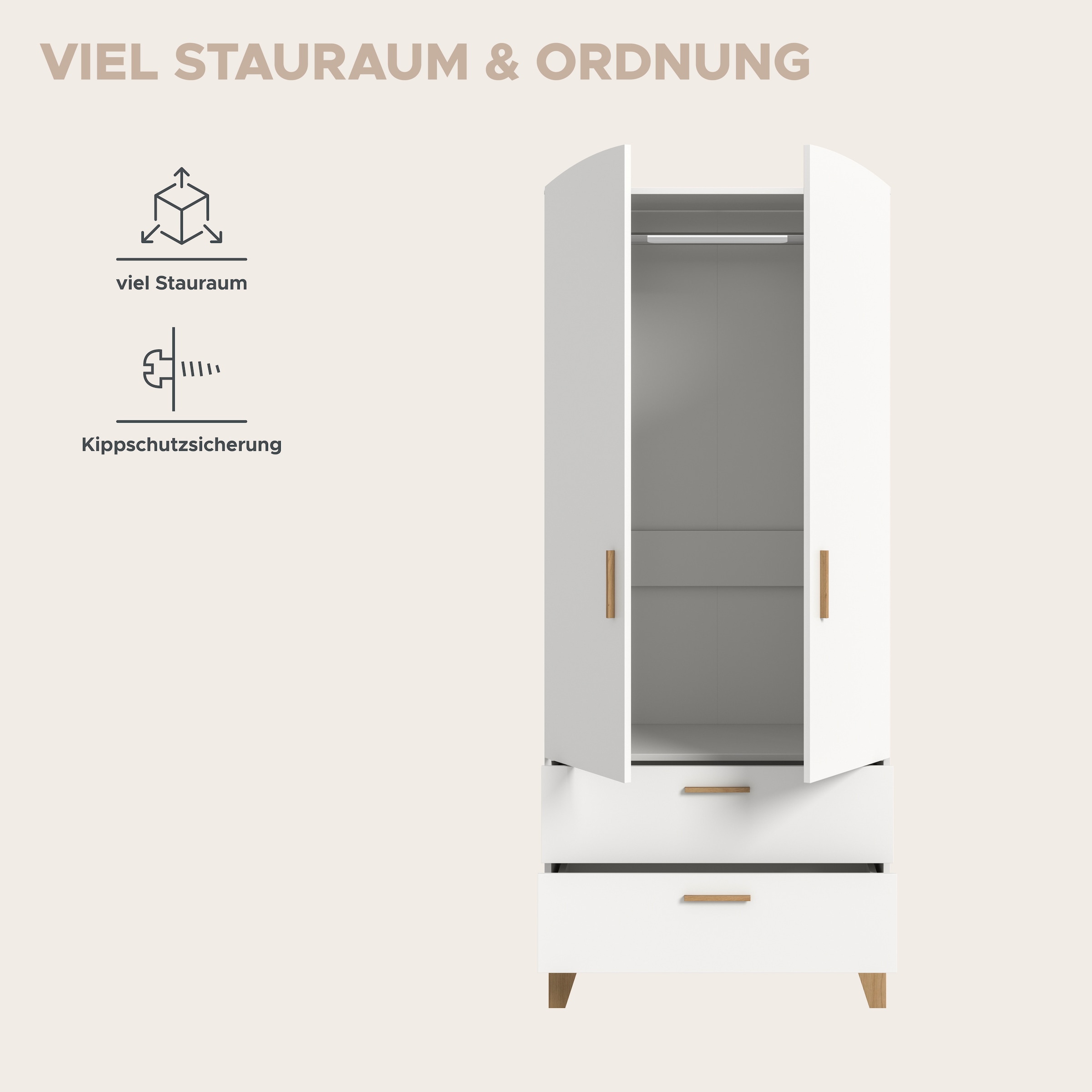 Home affaire Kleiderschrank »LASSE, Schlafzimmerschrank, Garderobe, Schrank« in verschiedenen Breiten erhältich, im Scandi-Look, 1 Stk. tlg. 2 Türen, 2 Schubkästen, 1 Konstruktionsboden, 1 Kleiderstange
