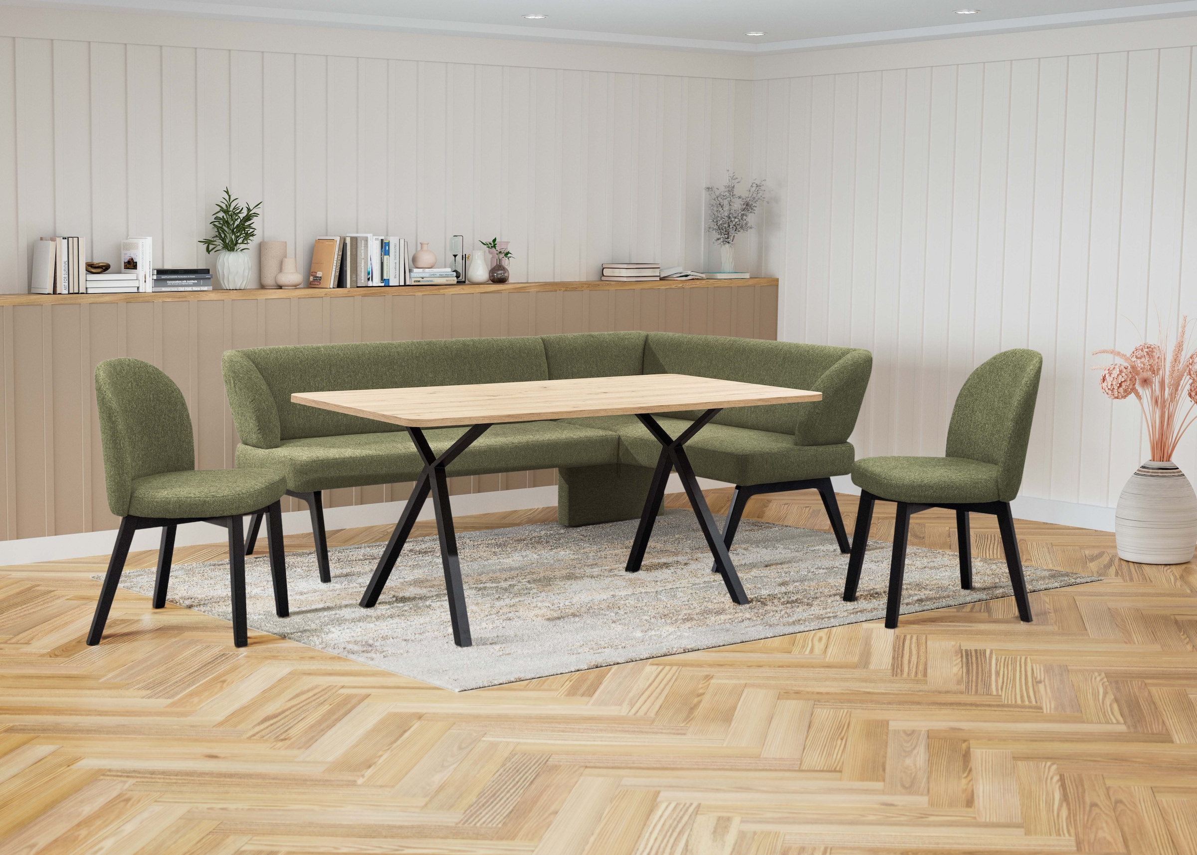 Home affaire Eckbankgruppe »Aretha Essecke, Sitzgruppe, Eckbank, Küchenbank«, (Set, 4 tlg., 4er), Esszimmer Sitzgruppe, Tisch, Stühle und Bank gepolstert, Nosagfederung