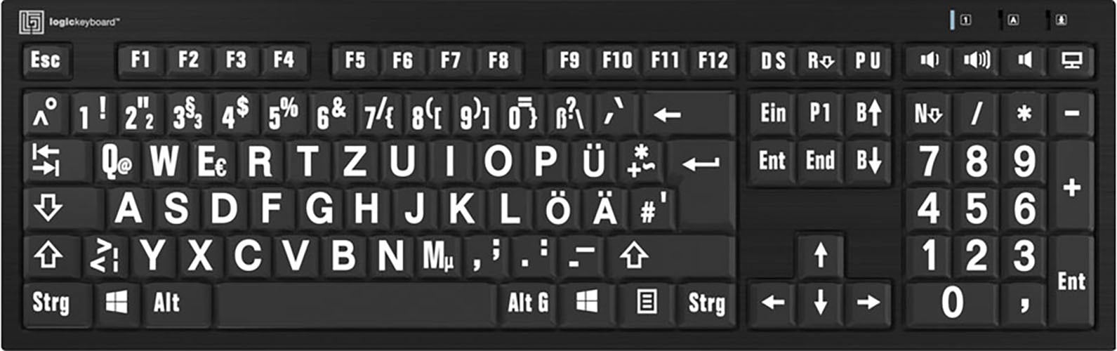 Slimline-Tastatur »XL-Print White on Black DE (PC/Nero)«, (Ziffernblock-USB-Hub)