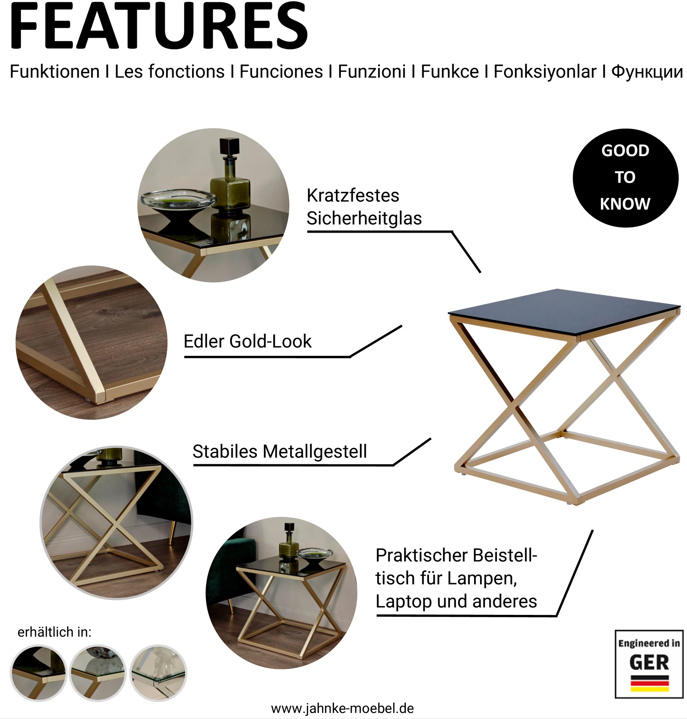 Jahnke Beistelltisch »XTRA BY SIDE«, (1 St.), Nachttisch/Beistelltisch in Gold-Look, aus Sicherheitsglas gefertigt