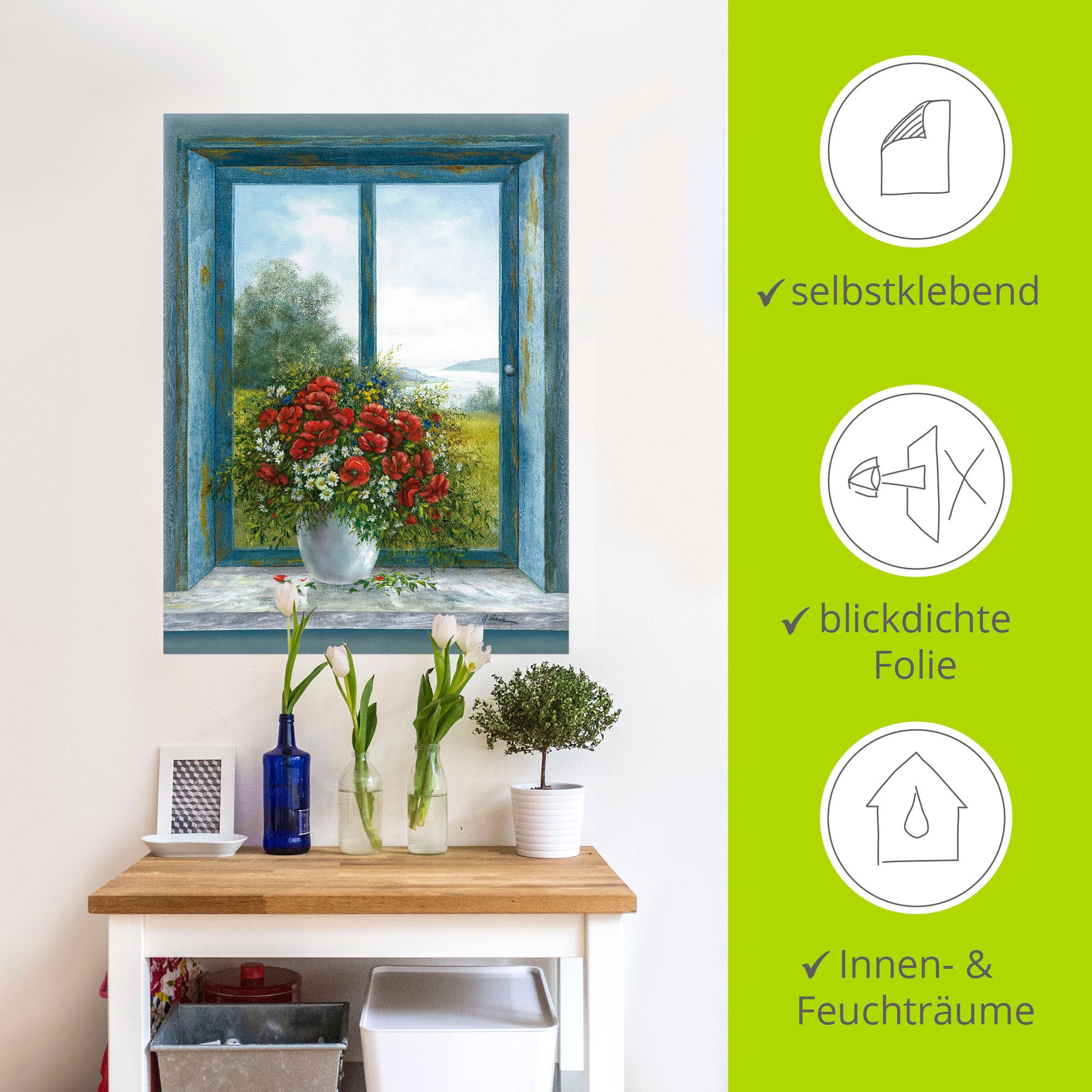 Artland Wandbild »Mohnblumen am Fenster«, Arrangements, (1 St.), als Leinwandbild, Wandaufkleber in verschied. Größen