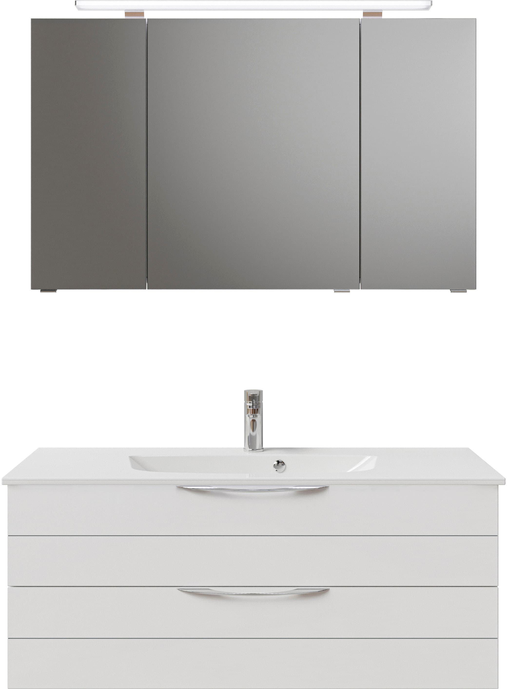Saphir Badmöbel-Set »Serie 6025 2-teilig Mineralmarmor-Waschtisch mit LED-Spiegelschrank«, (2 St.), Waschplatz 117cm breit, 2 Schubladen, 3 Spiegel-Türen, inkl Türdämpfer