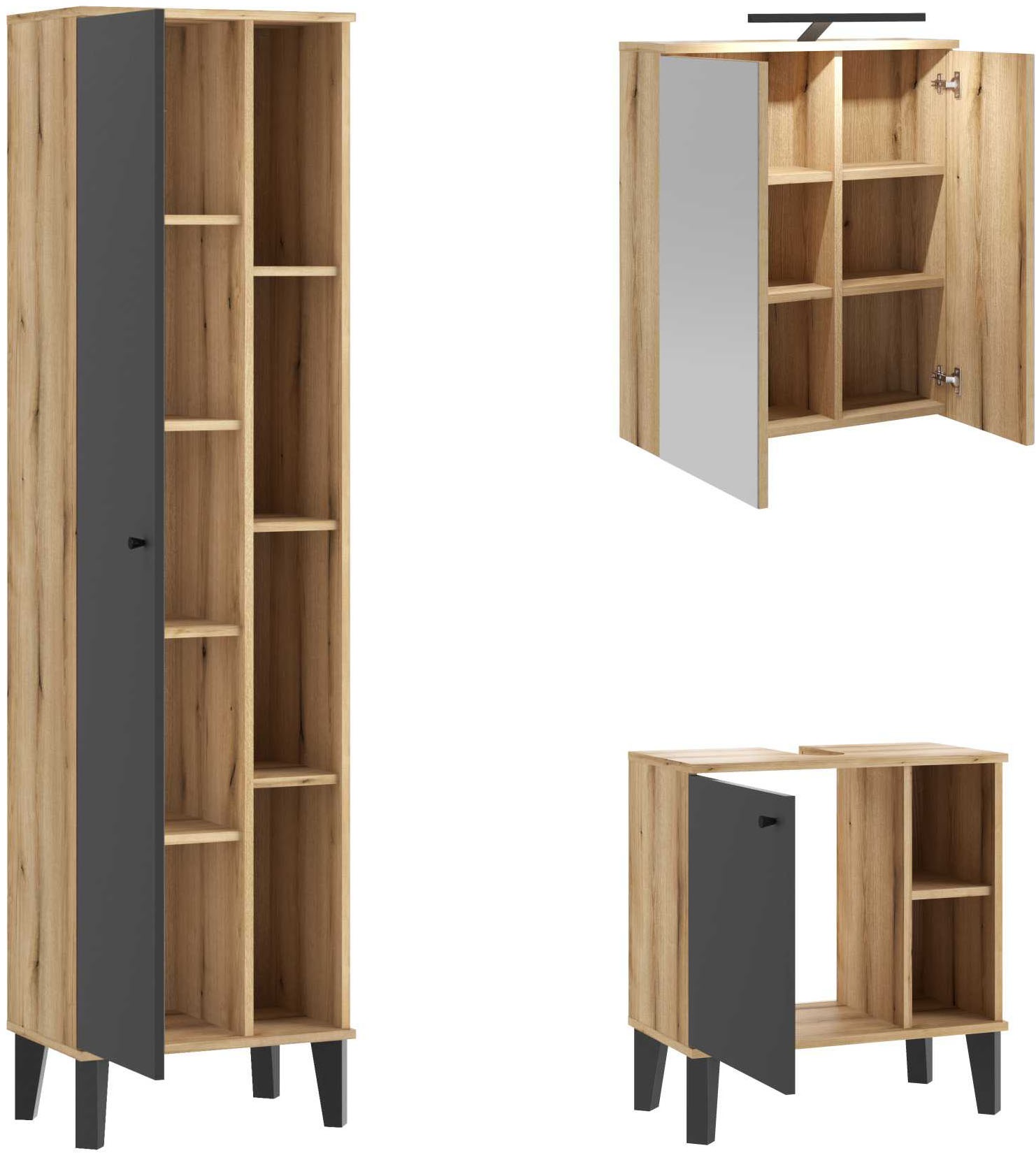 INOSIGN Badmöbel-Set »OSLO, Bad im skandinavischen Design, 5-teiliges Badezimmer«, (Set, 3 St.), Badschränke und Spiegel, in zwei Farben verfügbar, viel Stauraum