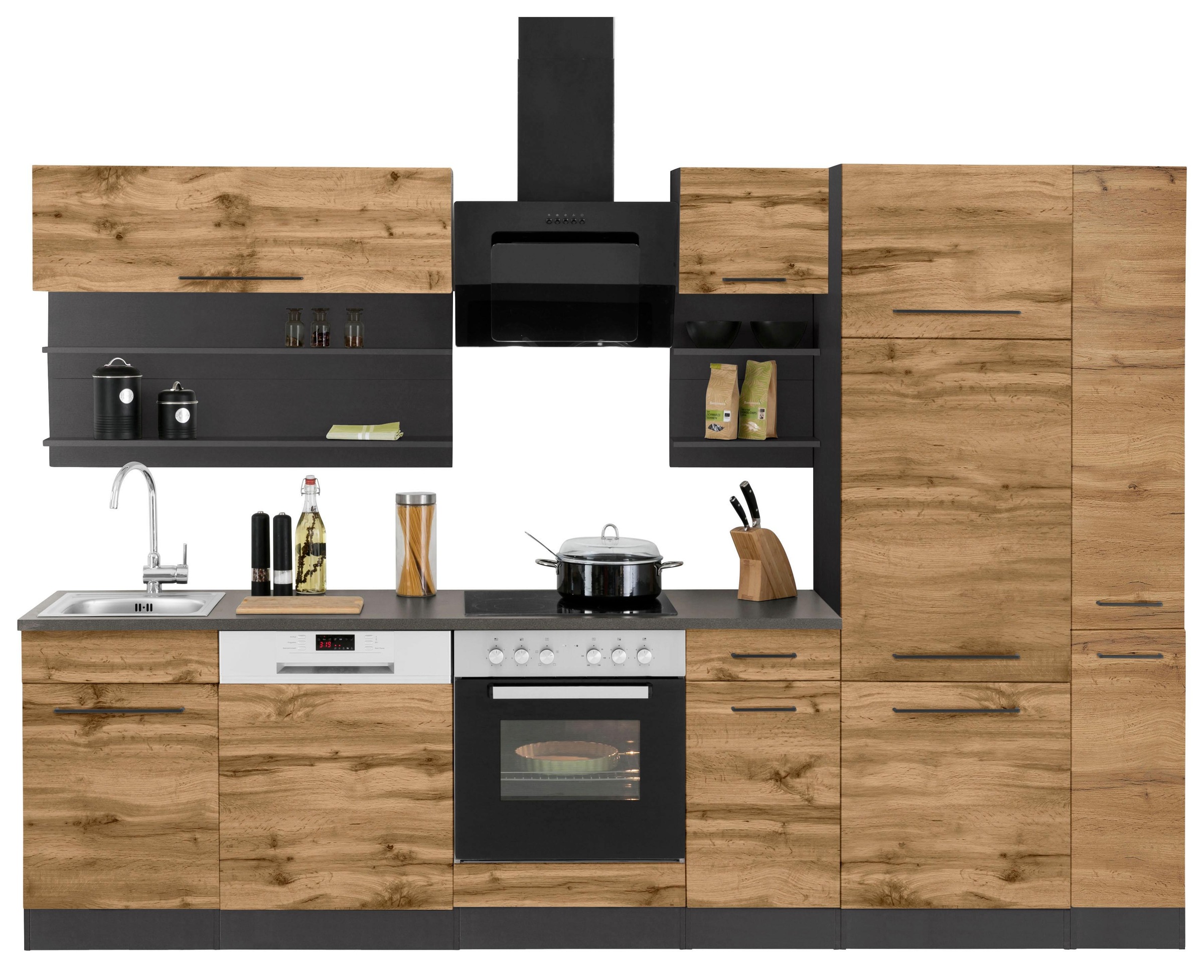 KOCHSTATION Küchenzeile »KS-Tulsa«, ohne E-Geräte, Breite 300 cm, schwarze Metallgriffe, MDF Fronten