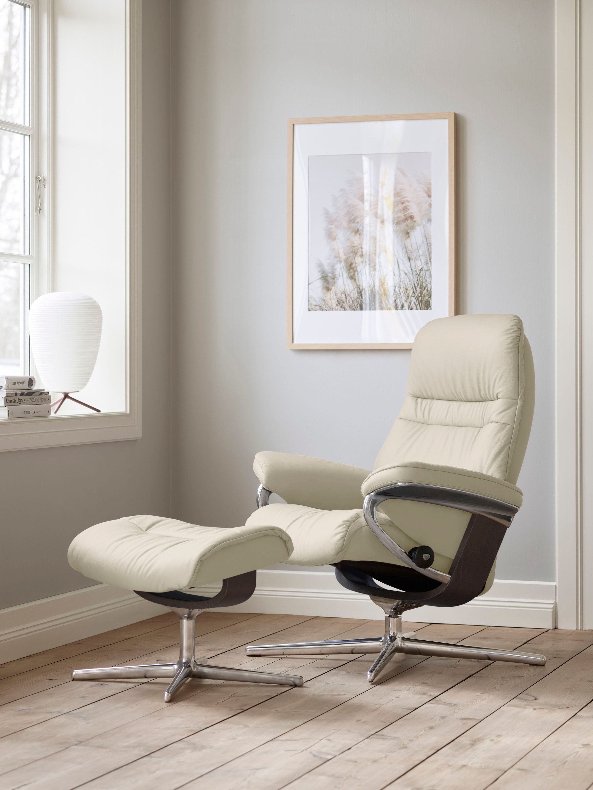 Stressless Relaxsessel "Sunrise" Set, Relaxsessel mit Hocker, mit Hocker, mit Cross Base, Größe S, M & L, Holzakzent Wenge