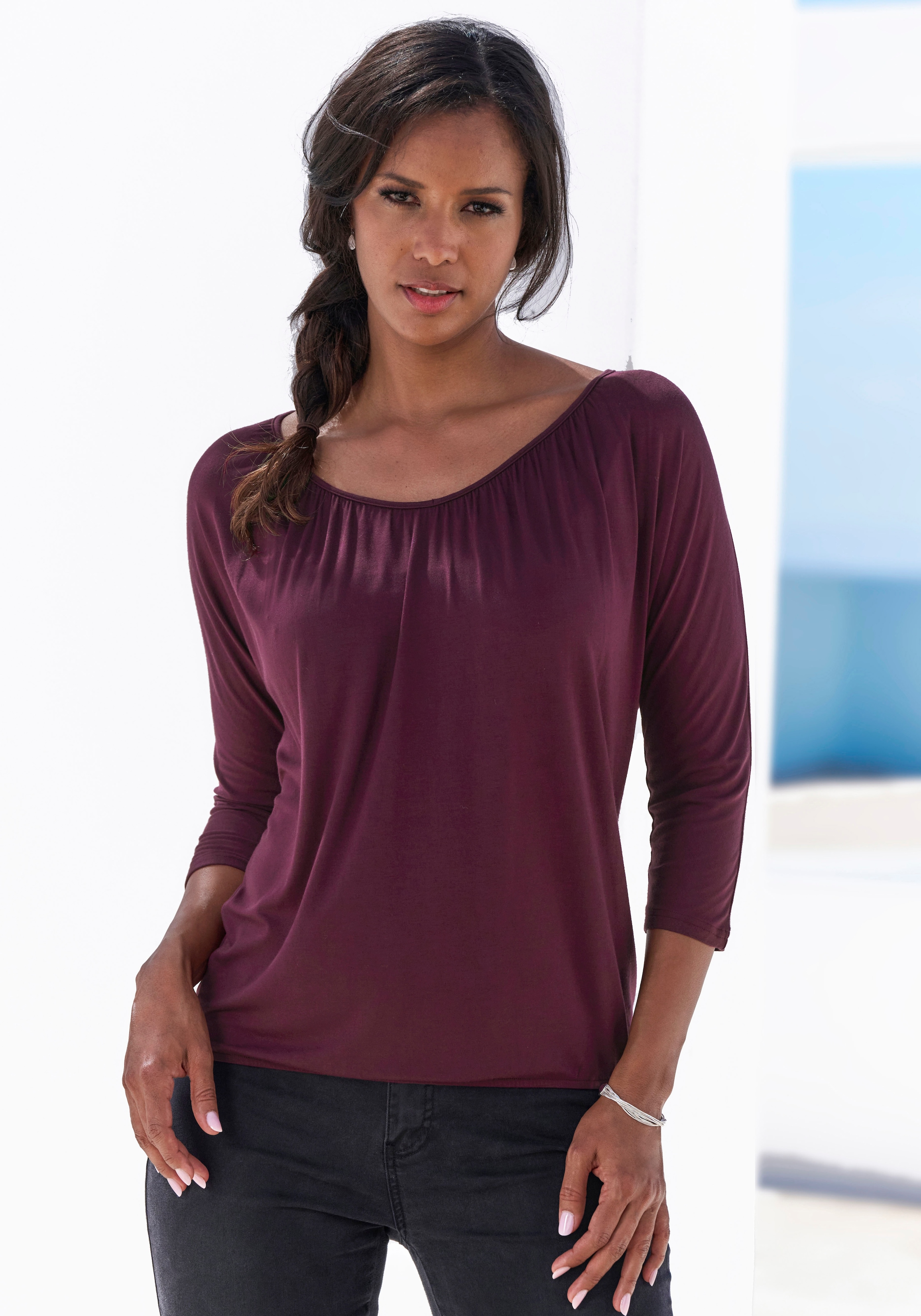 LASCANA 3/4-Arm-Shirt »mit zarter Raffung am Ausschnitt«, (2er-Pack), aus weichem Viskose-Stretch