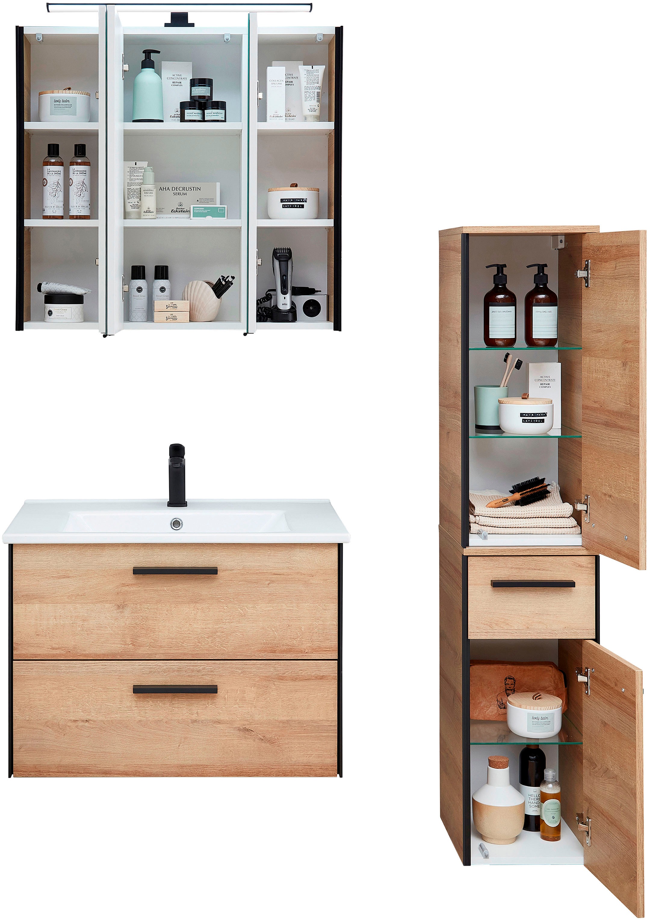 Saphir Badmöbel-Set »Quickset 395 3-teilig, Keramikwaschtisch mit LED-Spiegelschrank«, (5 St.), Midischrank, inkl. Türdämpfer, 5 Türen, 3 Schubladen, Bad-Set